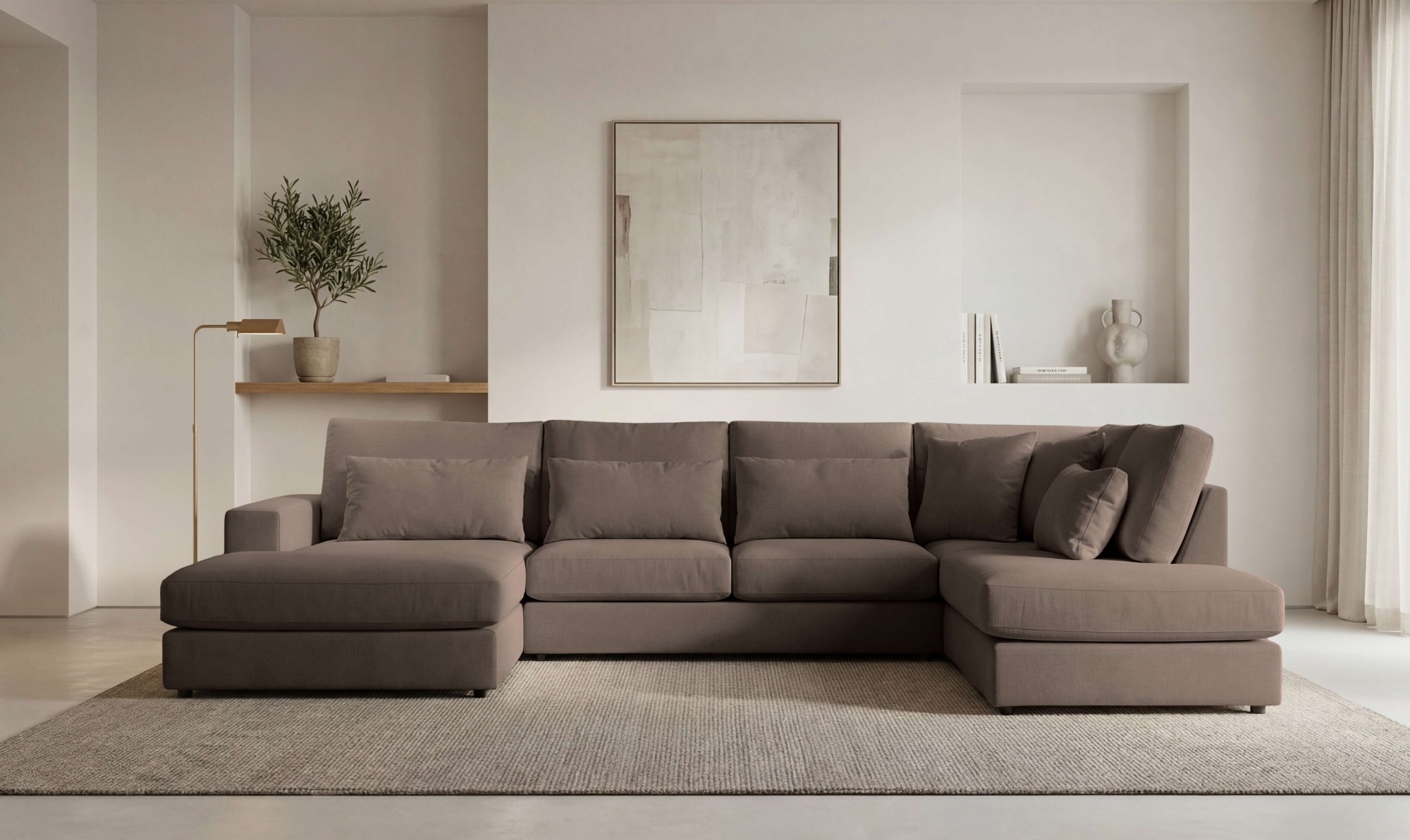 GOODproduct Paysage de salon »Nivette, weiches Chenille« Largeur 386 cm, forme en U, jusqu’au sol, 6 coussins décoratifs inclus