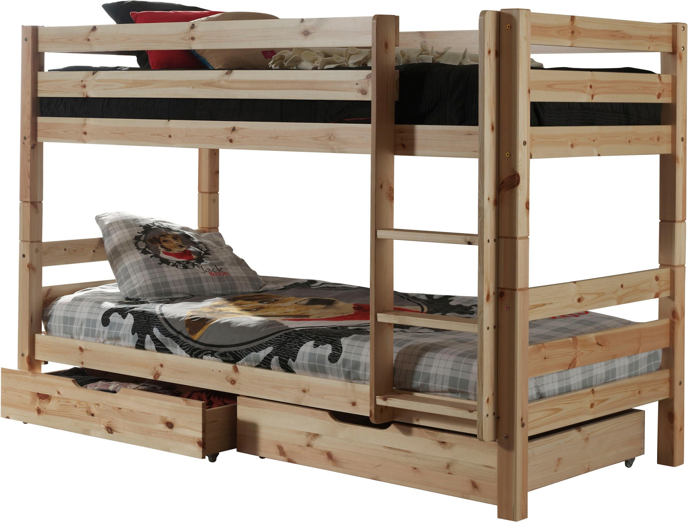 Vipack Lit superposé »Pino, Kiefer massiv, sehr standfest, Made in Europe« L/H/P env. 210x140x105 cm, avec sommiers à lattes déroulables, protection anti-chute,  incl. échelle et 2 tiroirs, finition au choix blanc ou naturel