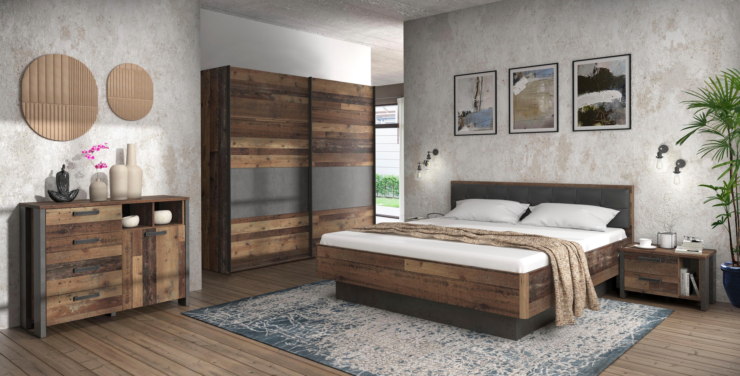FORTE Lit futon »Clif, Bettanlage, Old – Wood Vintage, Betonoptik Dunkelgrau« Surface de couchage 180x200 cm,  avec tête de lit rembourrée en simili cuir, supporte jusqu’à 220KG