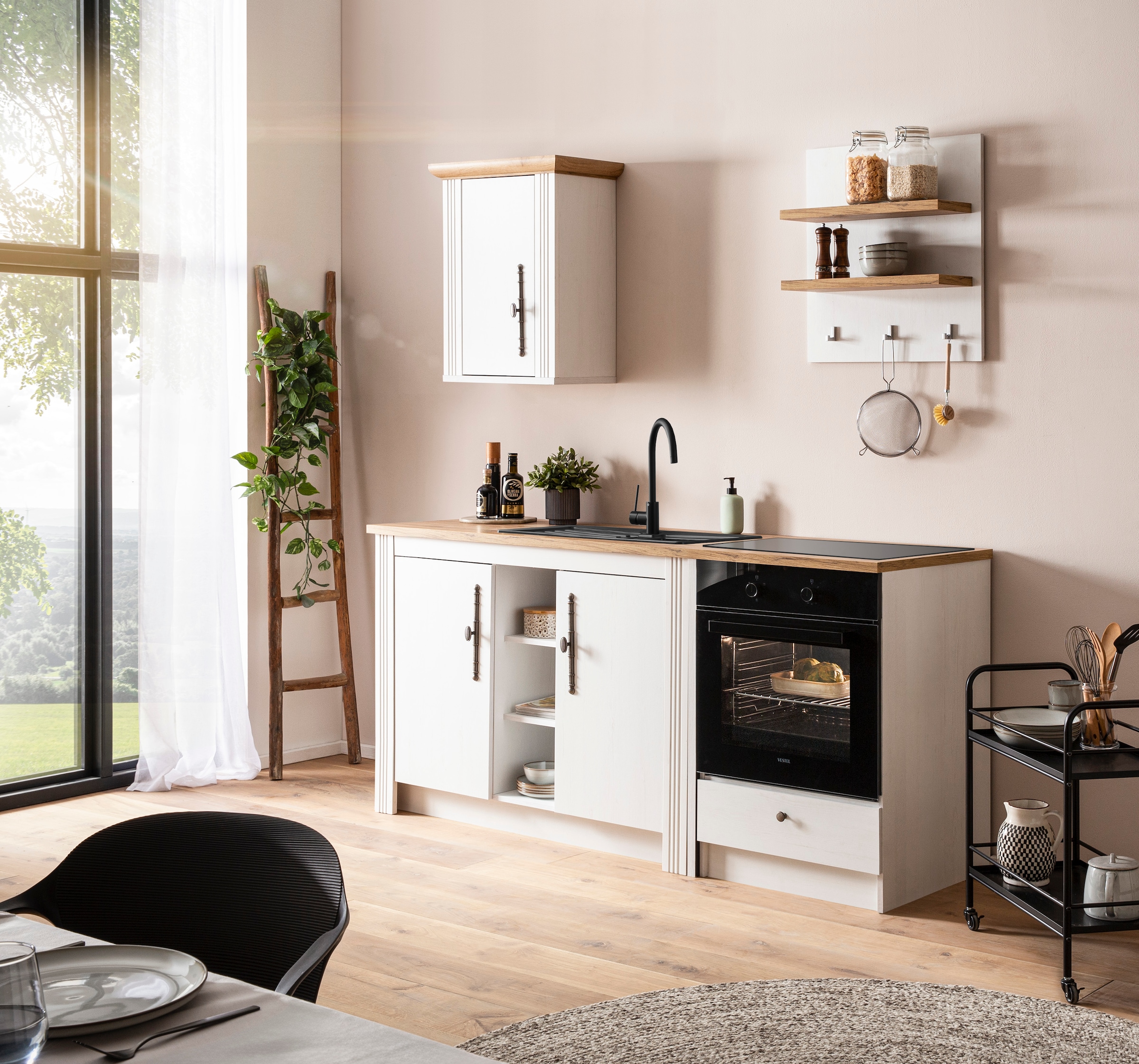 GOODproduct Kitchenette »KS-Westminster, Pantryküche im Landhaus Stil, hochwertige Metallgriffe« Ensemble,  Largeur 194 cm, commode, panneau mural, armoire suspendue et habillage de cuisinière