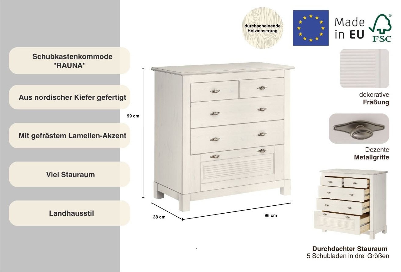GOODproduct Schubkastenkommode »Rauna« aus massiver Kiefer mit 5 Schubladen, Breite 96 cm