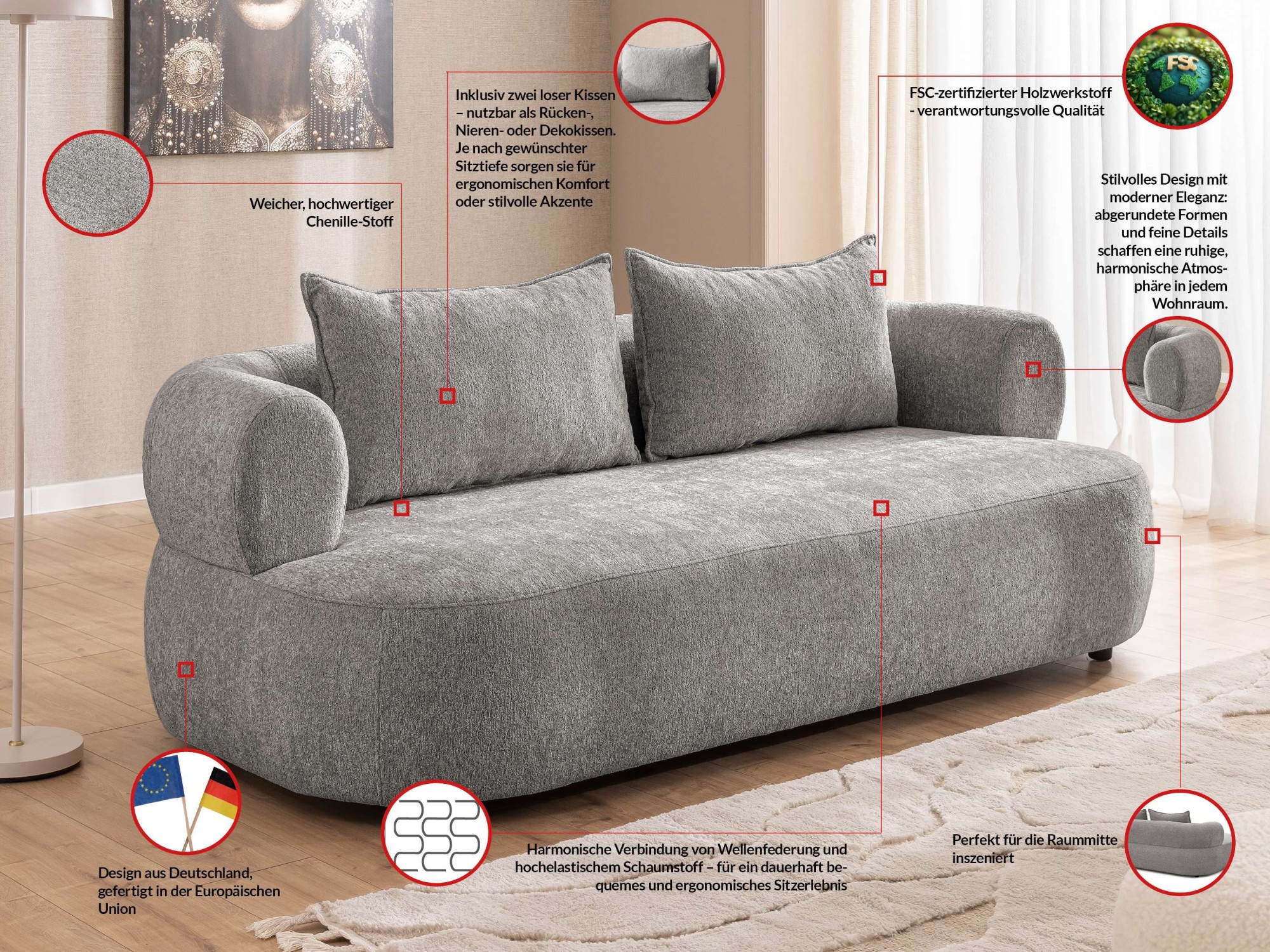 Home affaire 3-Sitzer »LUSSAC 3-Sitzer Design-Sofa mit Zierkissen, Masse B/T/H: 202/123/78 cm« hoher Sitzkomfort und modernes Design, Sofa ohne Bettfunktion