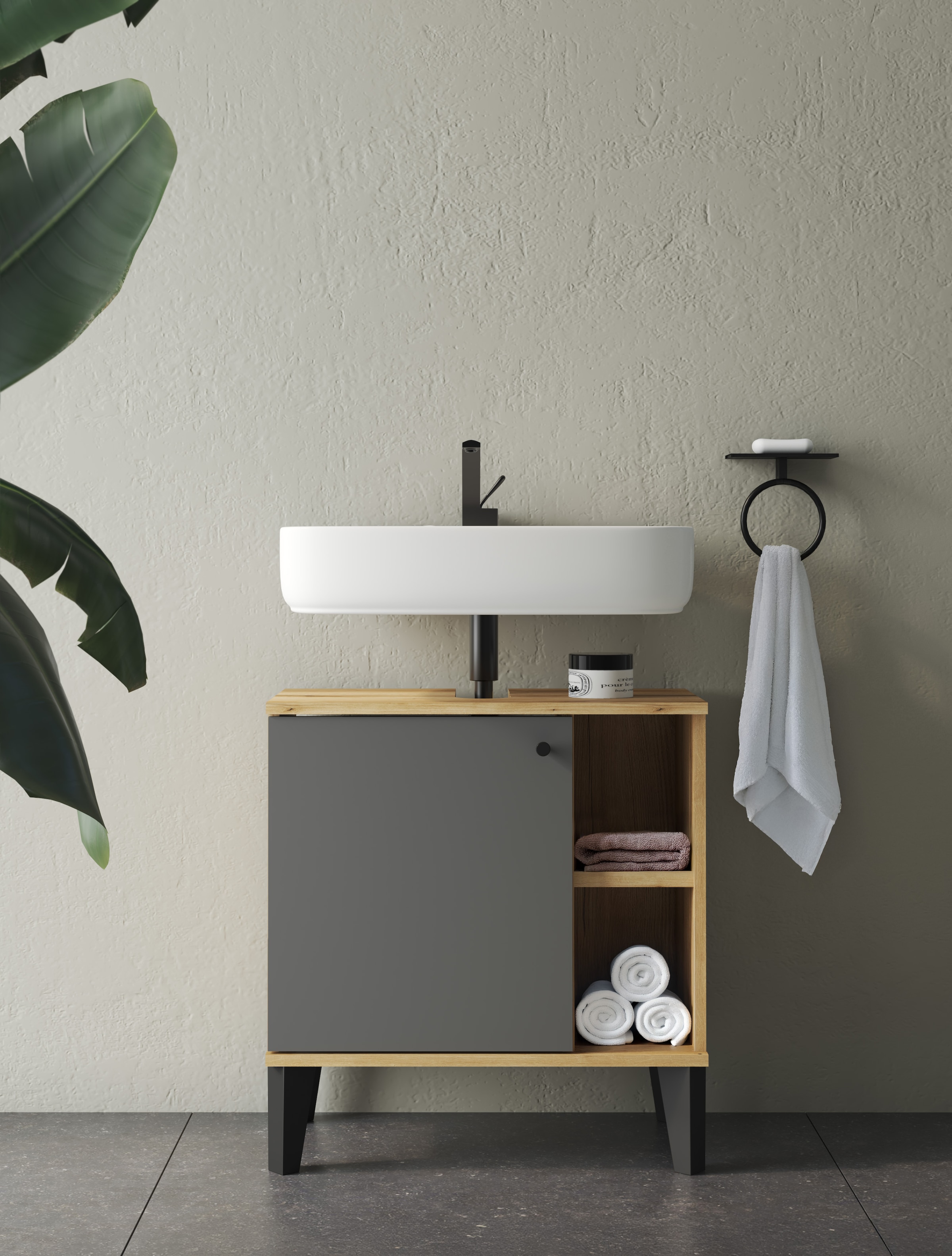 INOSIGN Waschbeckenunterschrank »Oslo, Waschtisch mit Knopfgriff, Badschrank im skandinavischen Design« in der Türfarbe Weiss oder Grau verfügbar, ausreichend Stauraum