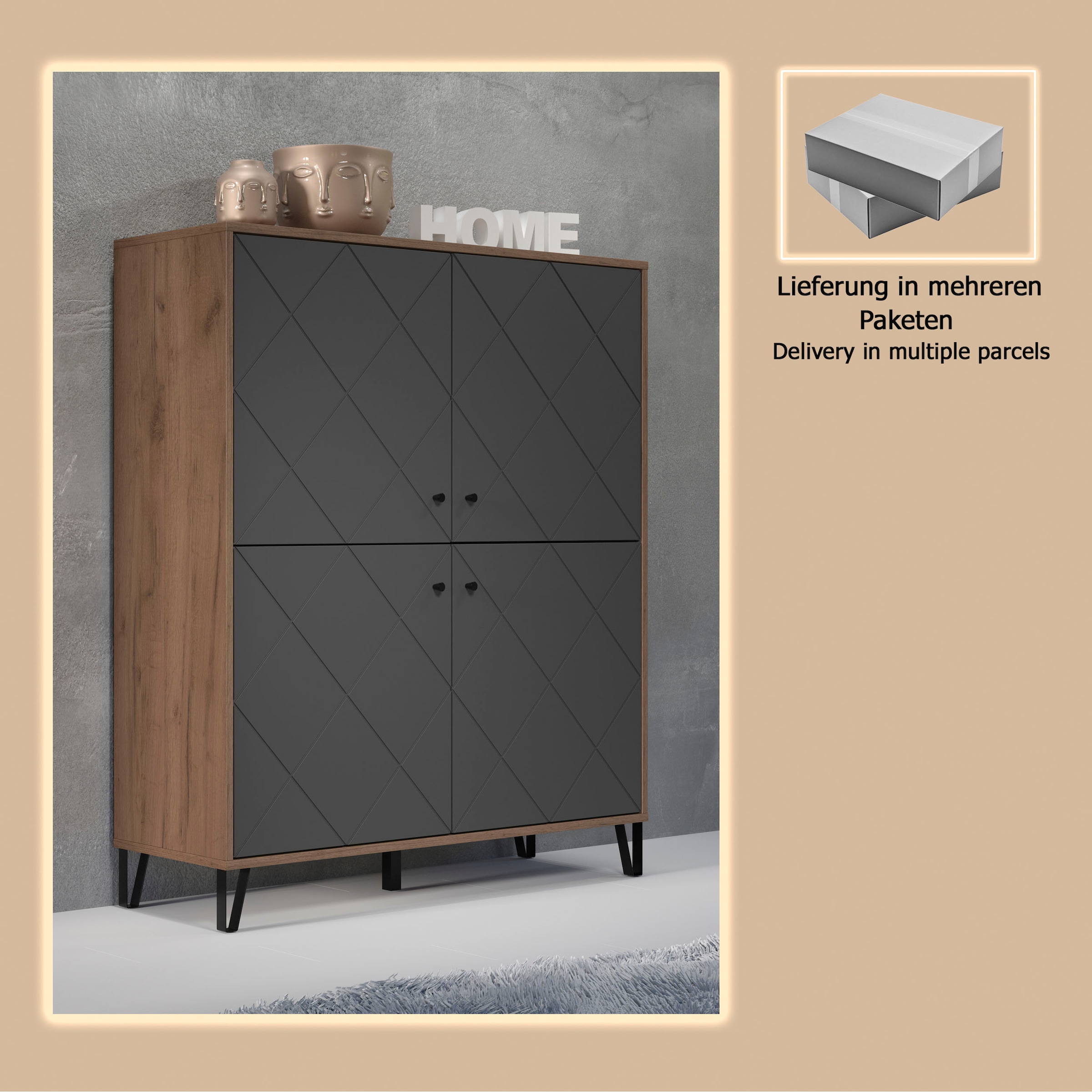 PLACES OF STYLE Highboard »Molveno« 1 Stk. tlg. Highboard mit 4 Türen & Soft-Close - (B/T/H) 123/40/136 cm