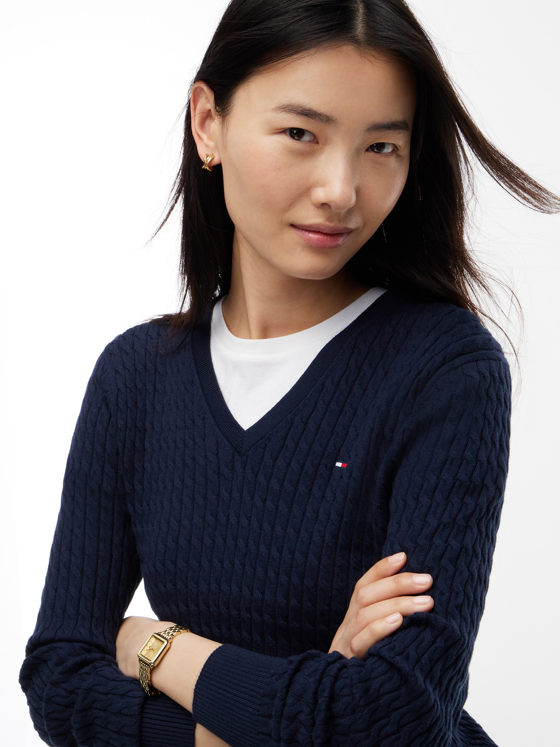Tommy Hilfiger Pull en tricot »CO CABLE FINE GG V-NK LS SWT« coton, avec motif torsadé