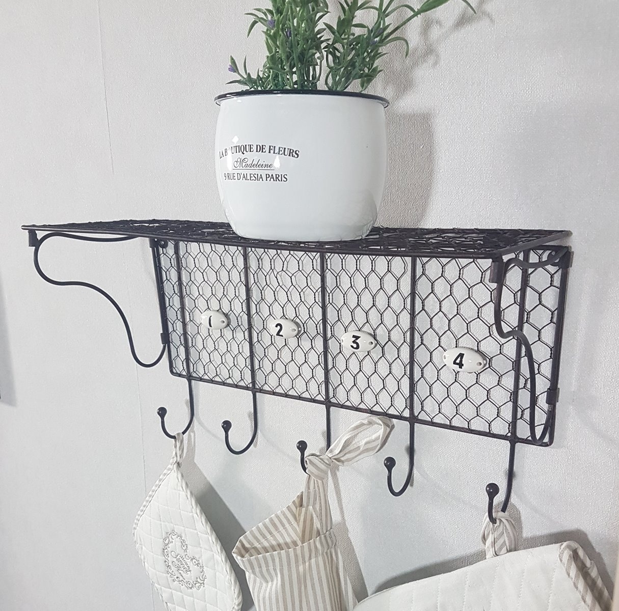 Ambiente Haus Étagère murale »Regal aus Draht mit 5 Haken in Antikbraun« 1 cuis tlg. solution de rangement pour intérieur et extérieur