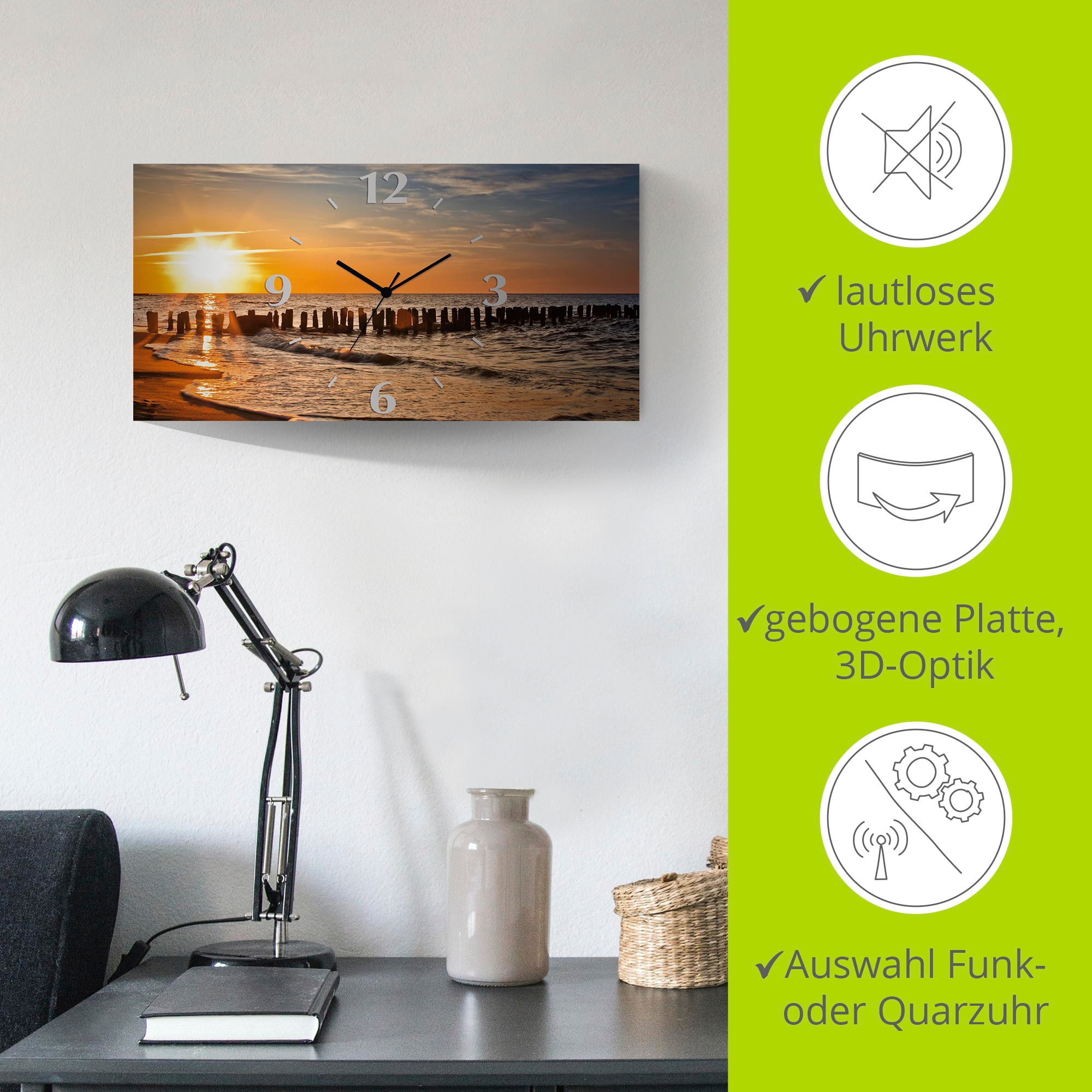 Artland Horloge murale »Schöner Sonnenuntergang am Strand« wahlweise mit Quarz- oder Funkuhrwerk, lautlos ohne Tickgeräusche