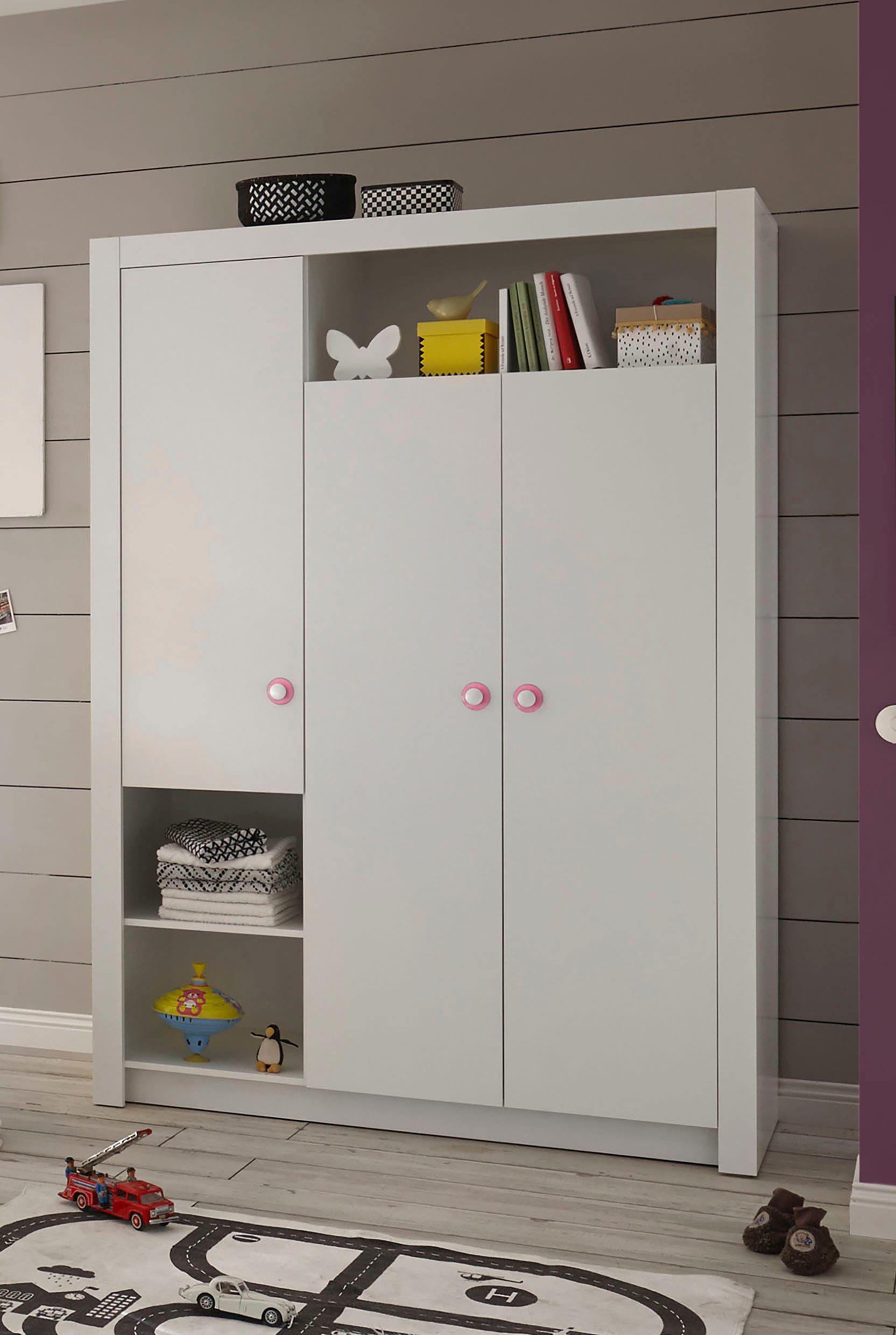 Begabino Drehtürenschrank »Paula Kinderzimmerschrank Kleiderschrank« 3-trg. Weiss, Schrank mit offenen Fächer