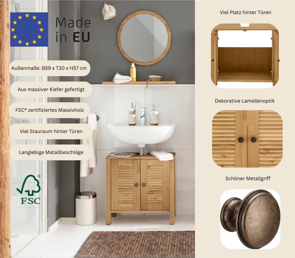GOODproduct Armoire sous lavabo »Ayanna« aus Massivholz, FSC®, Lamellenfront, Höhe 57 cm, Breite 59 cm