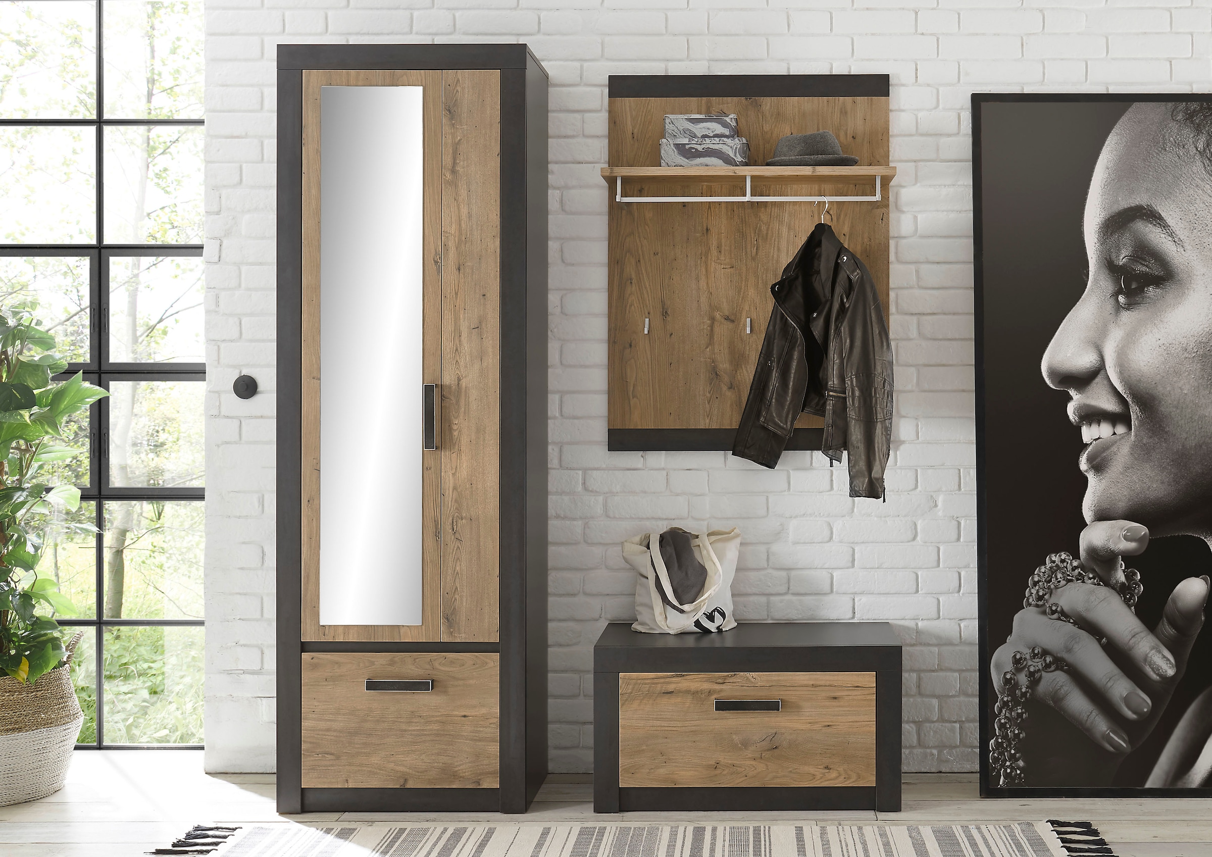 Home affaire Garderoben-Set »BRÜGGE« Komplett-Set, bestehend aus Garderobenschrank mit Spiegel, Garderobenbank und, 3 Stk. tlg.