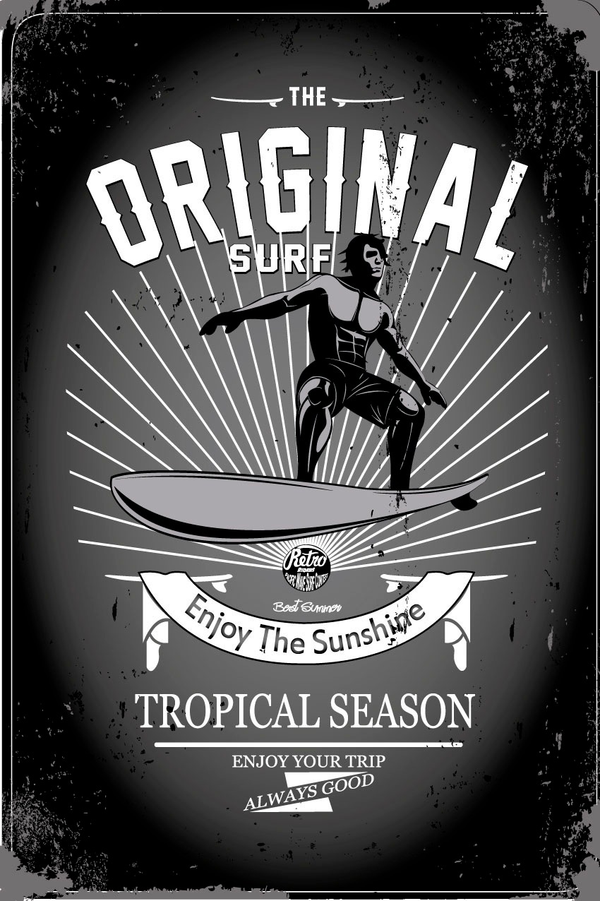 queence Metallbild »Original Surf« Schriftzug | Schriftzüge | Schwarz-Weiss 1 Stk. tlg. Stahlschilder