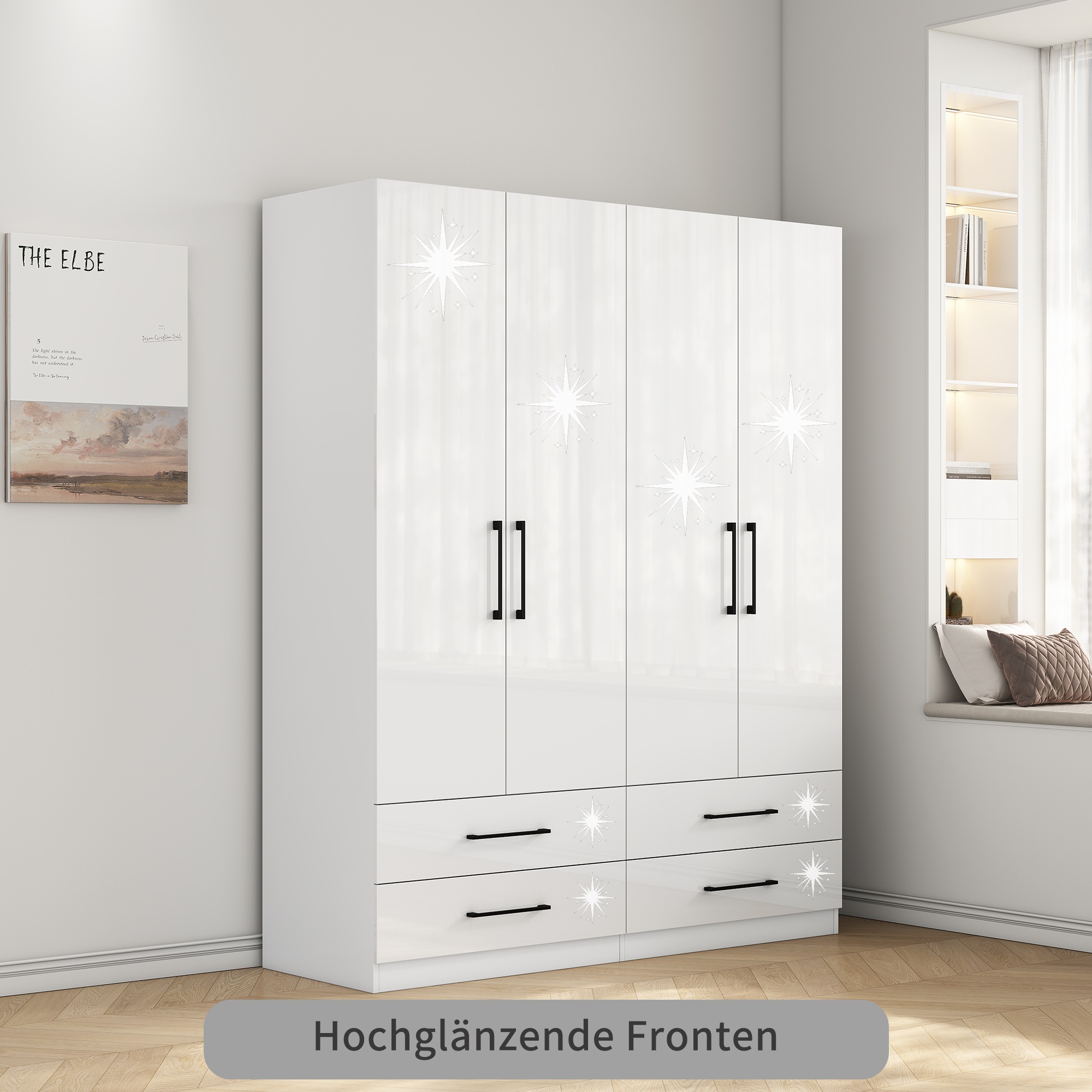 GOODproduct Kleiderschrank »Sylt Schlafzimmerschrank Garderobe Schrank hochglanz« Drehtürenschrank mit 4 Schubladen und 4 Türen,  Schrank in Breite 160 mit viel Stauraum