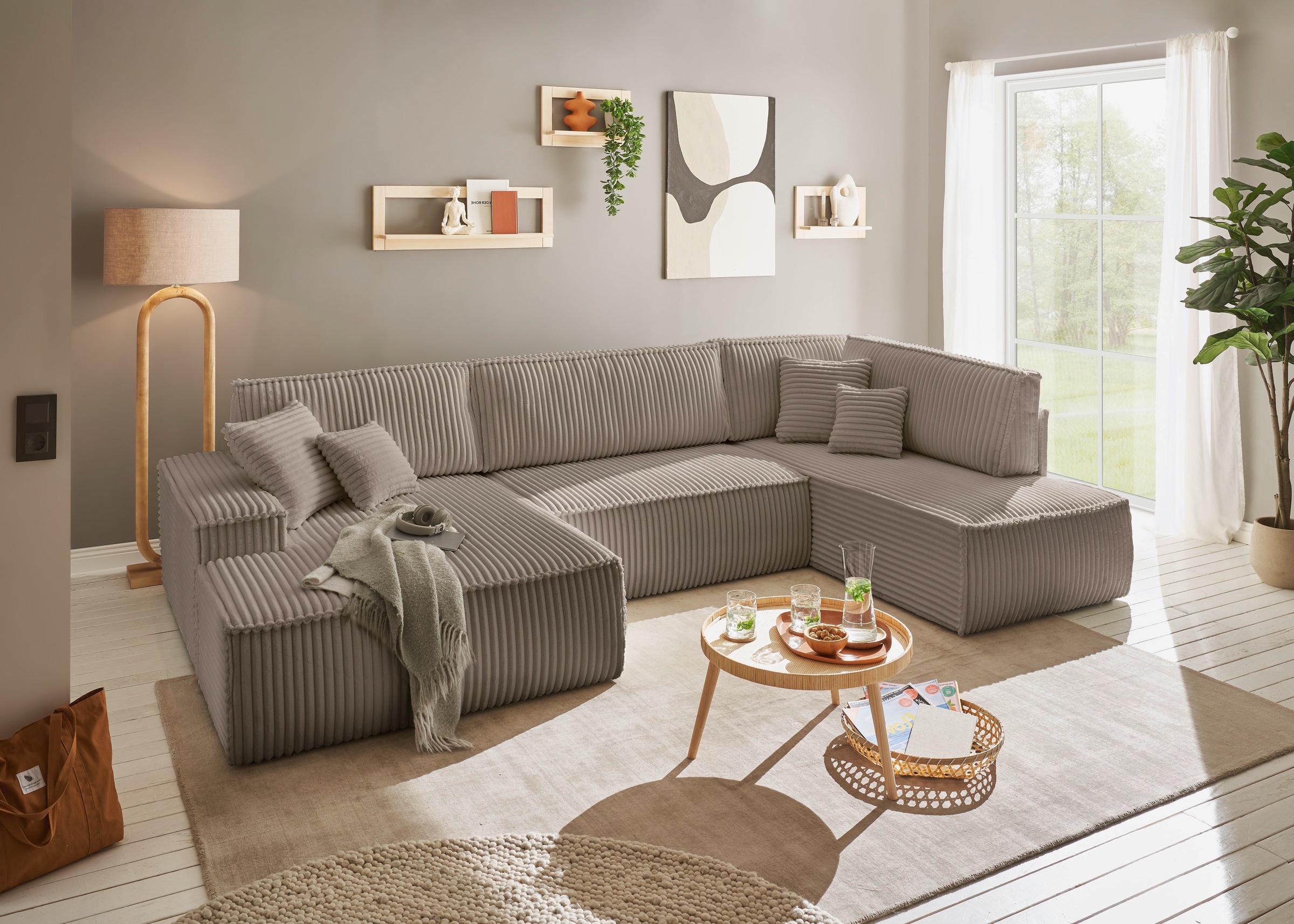 GOODproduct Wohnlandschaft »FINNLEY  Cord U-Form XXL 329 cm - OTTO. Verlässliche Qualität.« Schlafsofa, Bettkasten, in Bouclé, Struktur fein und Mega Cord