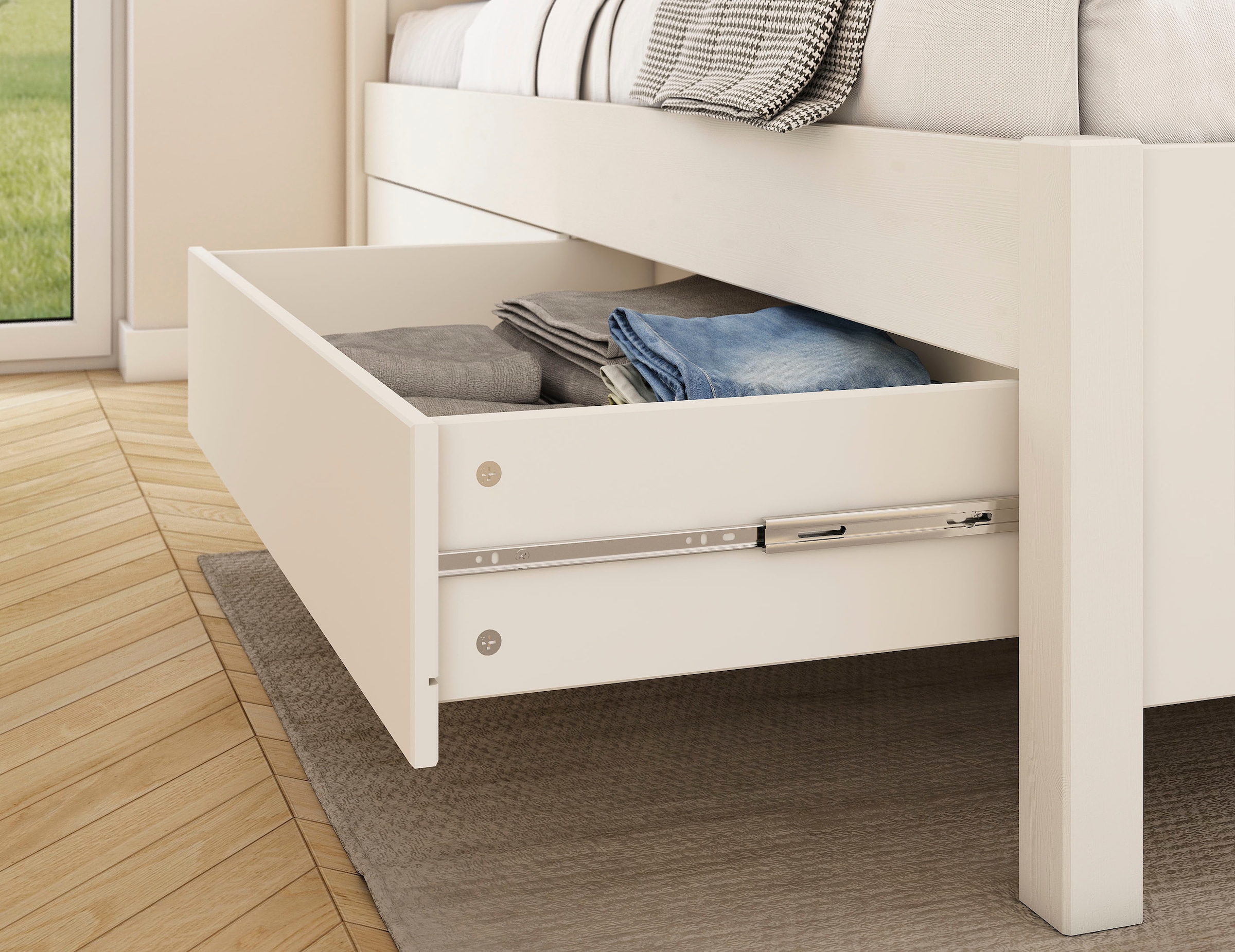 GOODproduct Lit de rangement »Synnra, maximaler Stauraum, 4 Schubladen, Made in EU, Landhausstil« certifié FSC®, façade à caissons, solution de rangement et confort