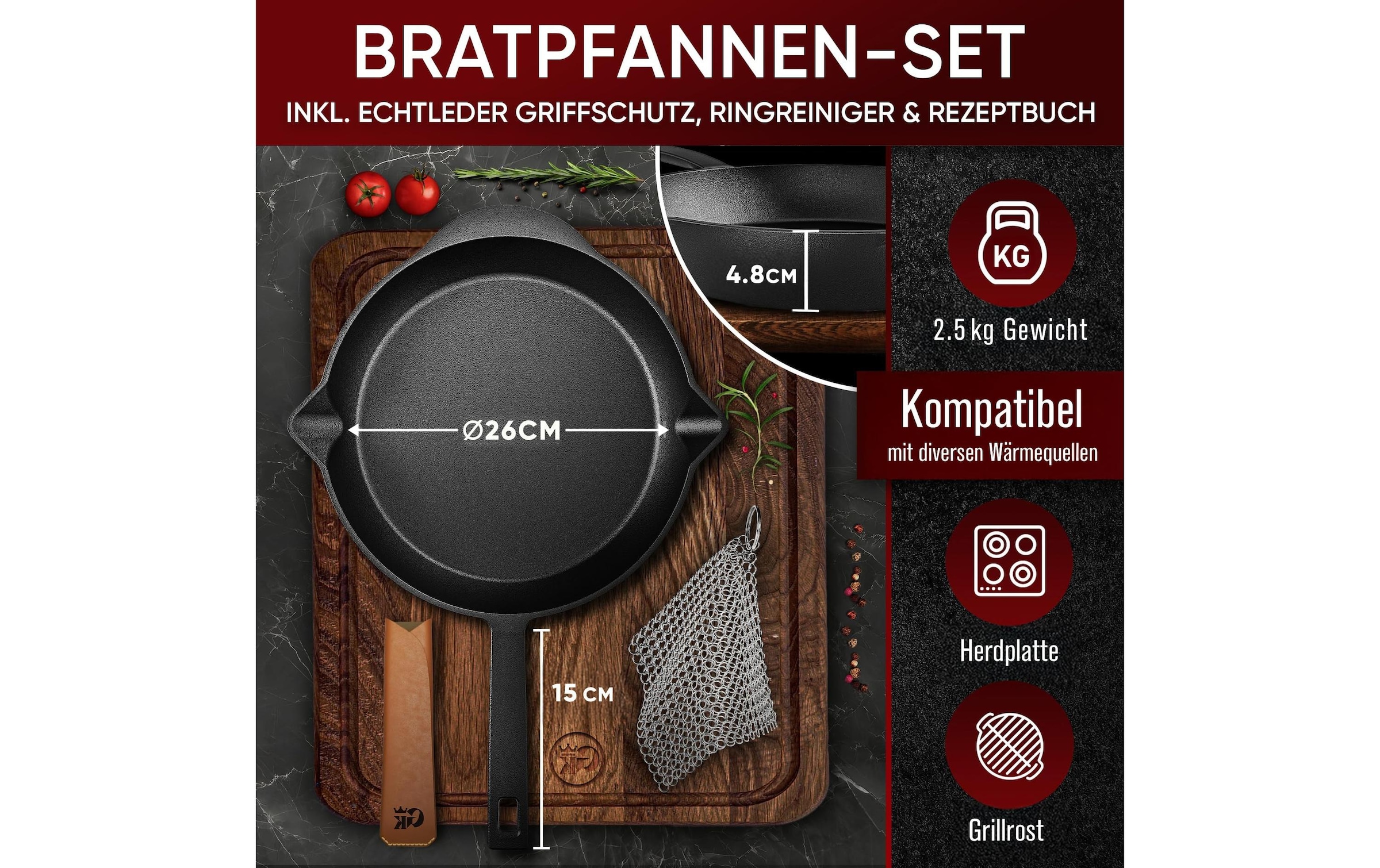   Bratpfanne »Gusskoenig mit Echtleder Griffschutz und Edelstahl Ringreiniger« Gusseisen