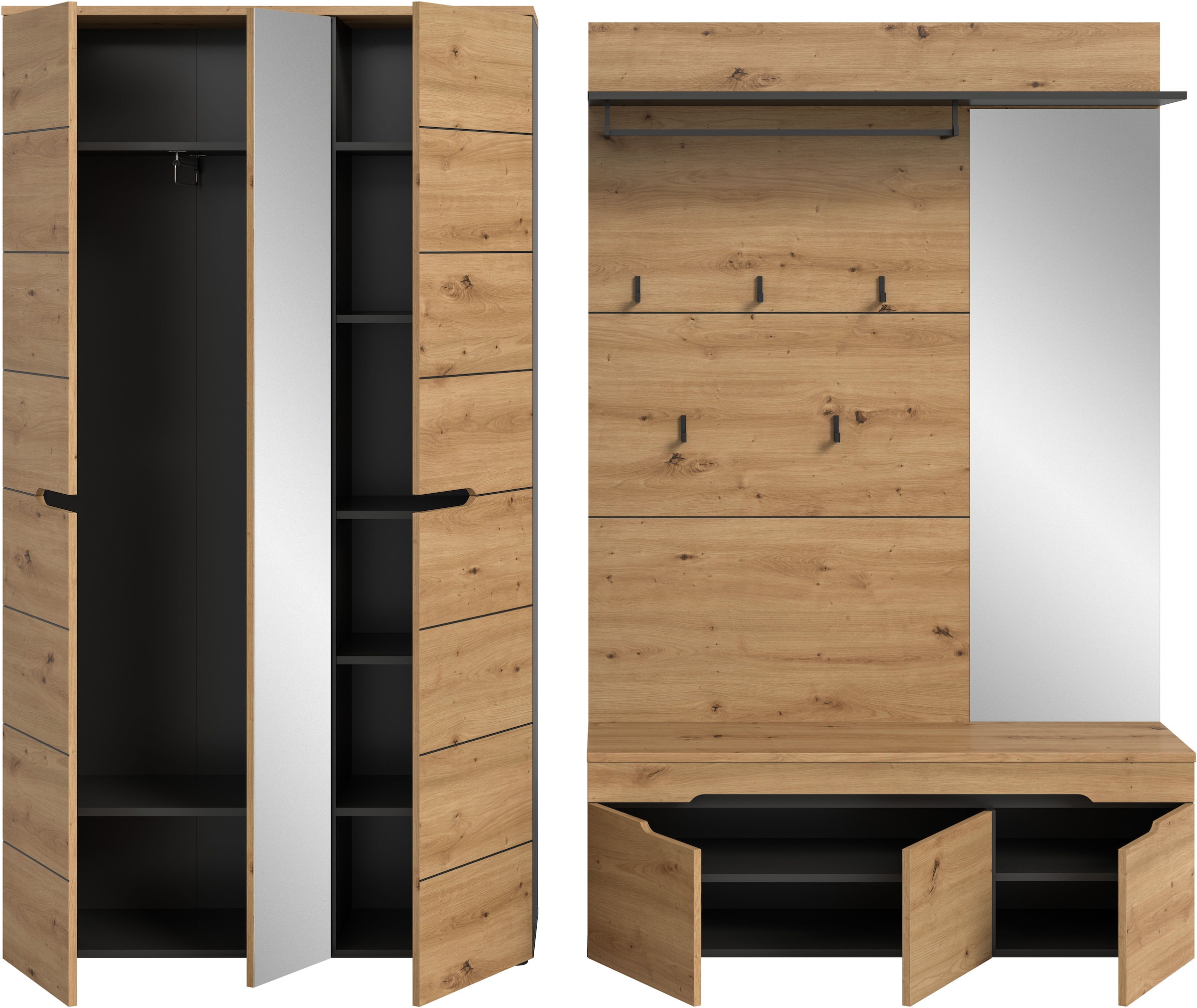 Home affaire Garderoben-Set »REHAT, TOPSELLER!, 3-teilig, Breite 240 cm, individuell stellbar« Set, best. aus: Garderobenschrank, Sitzbank & Garderobenpaneel, 3 Stk. tlg.
