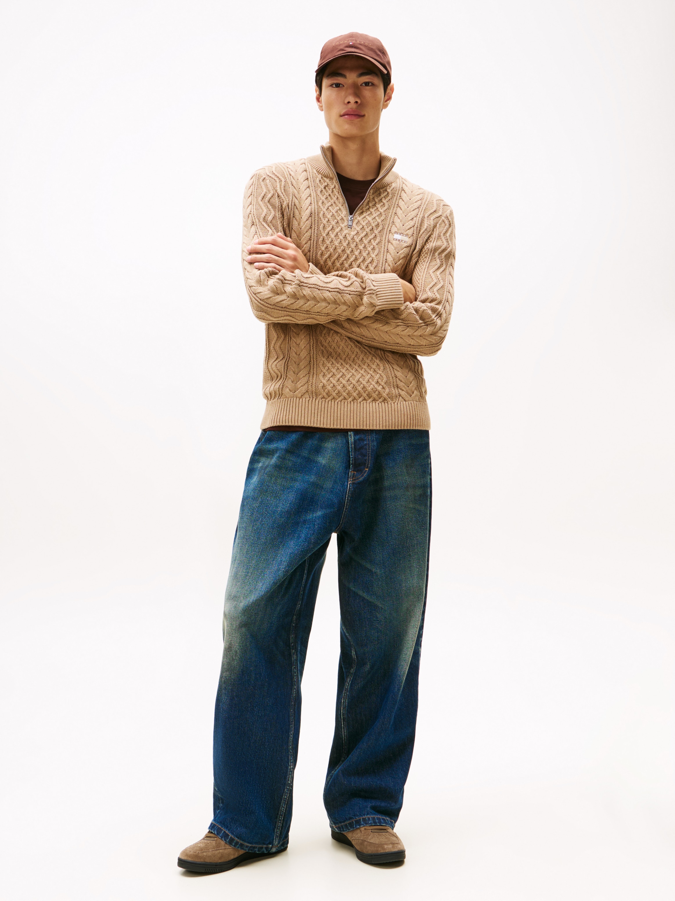 Tommy Jeans Strickpullover Troyer-Kragen mit Reissverschluss, slim fit, Zopfstrick-Muster