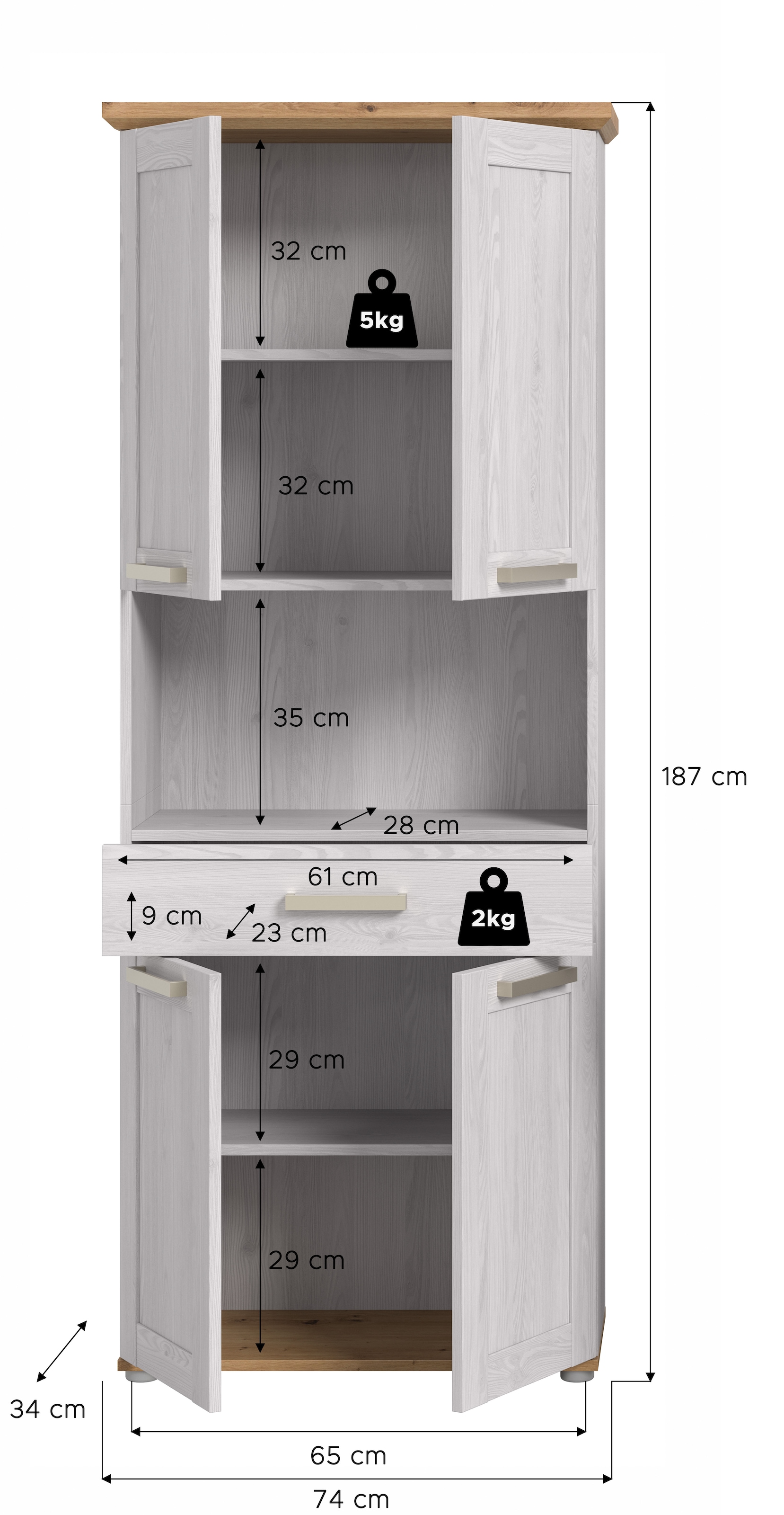 welltime Armoire haute »COSENZA, Höhe 187cm, 4 Türen, 1 Schubkasten, 1 offenes Fach« in Landhausoptik, mit weiteren Artikel der Serie kombinierbar, 1 cuis tlg. Hochschrank, Bad, Badezimmerschrank
