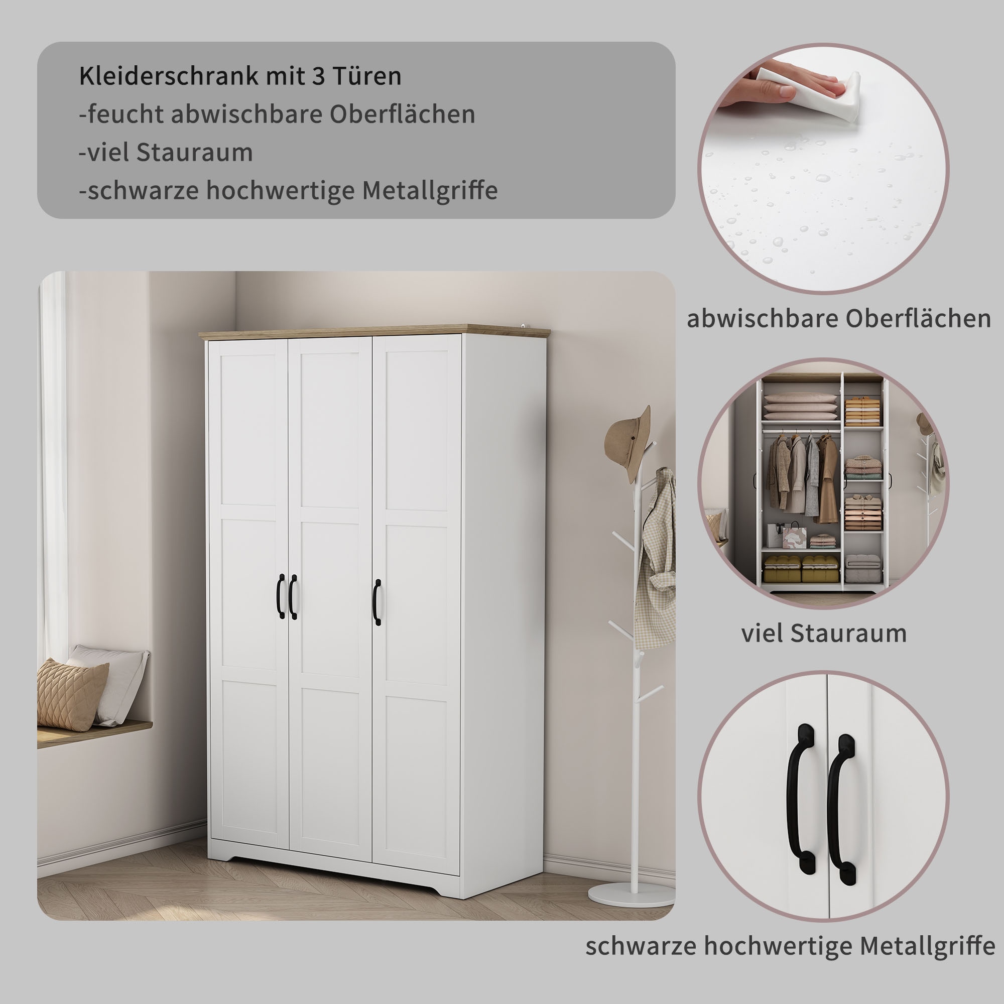 GOODproduct Kleiderschrank »Emmilia Schrank Schlafzimmerschrank im Landhaus Design« Mit vielen Einlegeböden und Softclose,  Landhaus Schrank mit  3 Türen Breite 113,4cm, Höhe 2m