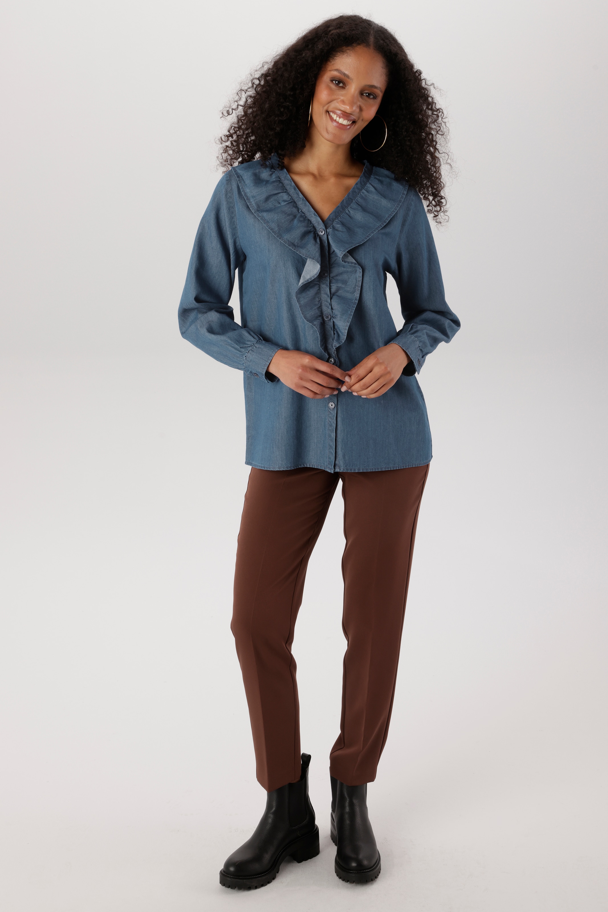 Aniston SELECTED Blouse en jean avec volants au col en V allongeant - NOUVELLE COLLECTION