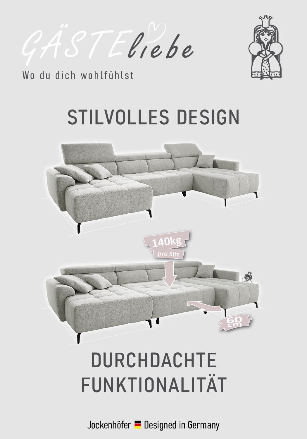 Jockenhöfer Gruppe Wohnlandschaft »Ultima U-Form, B: 363 cm, 60 cm elektrische Sitztiefenverstellung« USB-Ports, Kopfstützen verstellbar, Zierkissen, bis 140 kg/Sitz