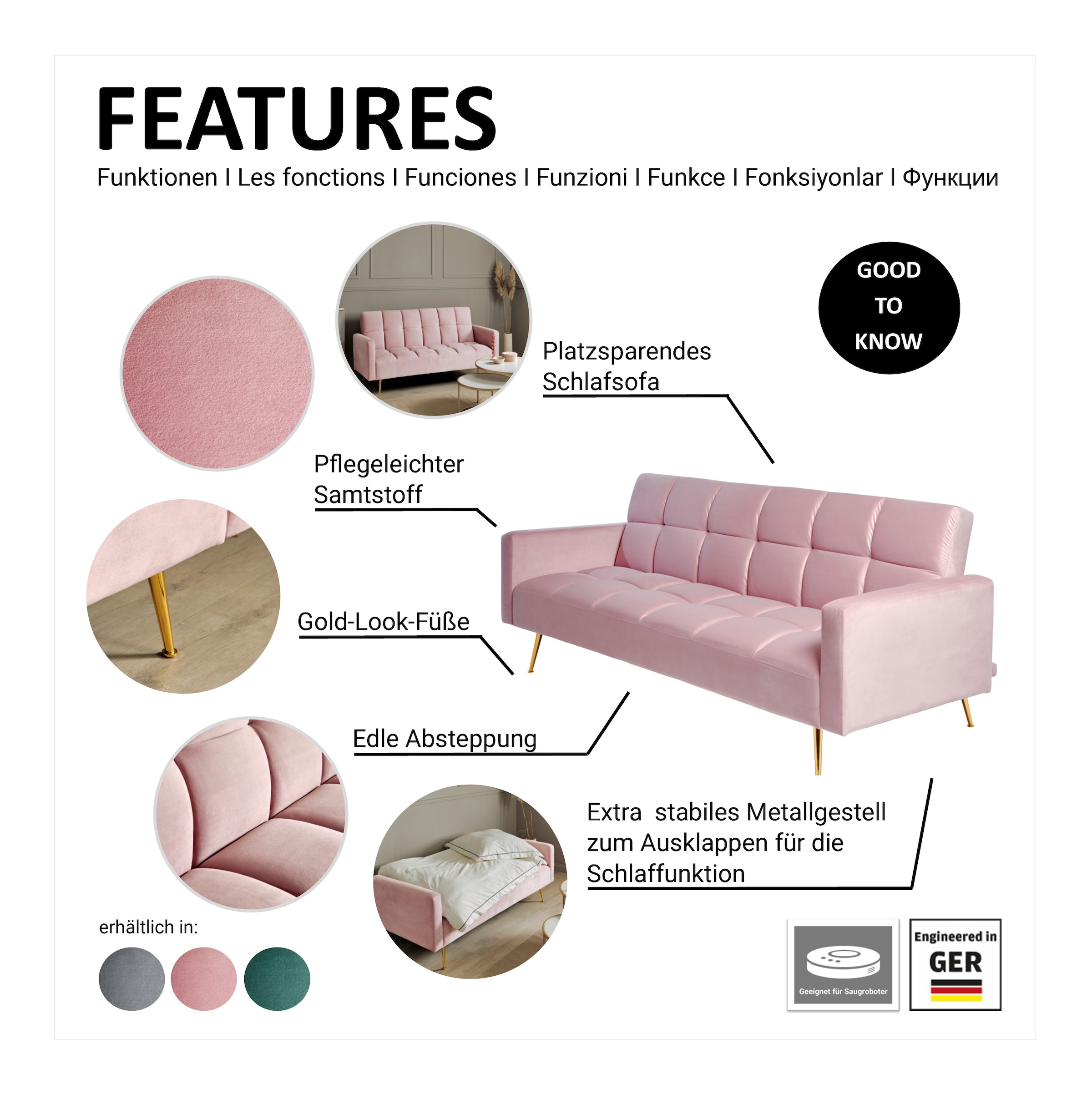 Jahnke Schlafsofa »CHILLAX POSH« mit Schlaffunktion, edler Samtstoff & Füsse im Gold-Look, Breite 213 cm