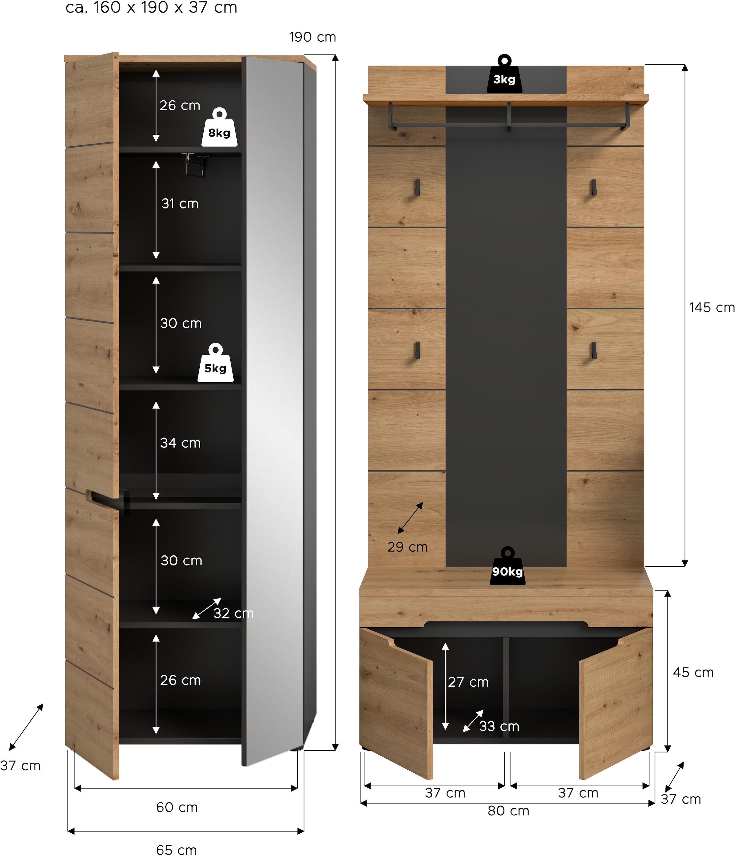 INOSIGN Ensemble de vestiaires »REHAT, TOPSELLER!, 3-teilig, Breite 160 cm, individuell erweiterbar« Set, bestehend aus: Garderobenschrank, Sitzbank und Paneel, 3 cuis tlg.
