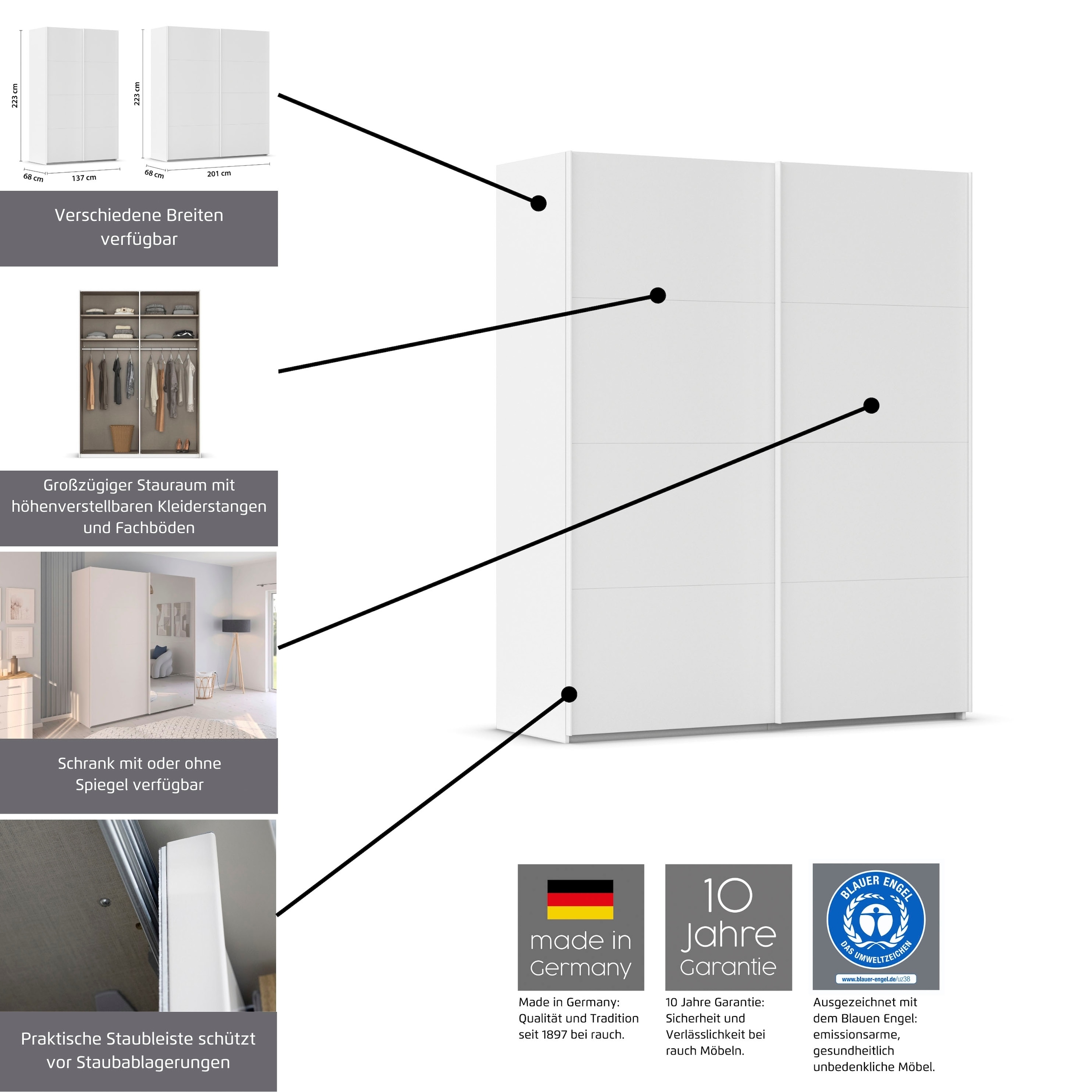 rauch Schwebetürenschrank »Kleiderschrank Schrank Garderobe Schlafzimmerschrank EVELYN« in elegantem Stil mit Spiegel 5 Breiten viel Stauraum MADE IN GERMANY