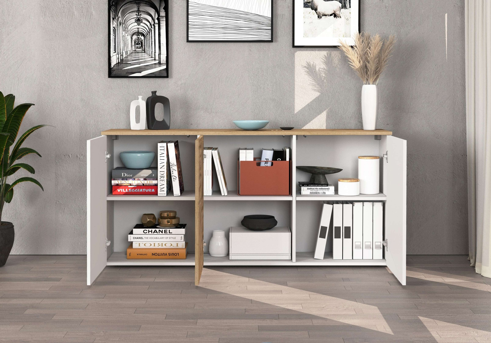 GOODproduct Sideboard »ISEO, Kommode, Schrank, Sideboard, Lowboard, 6 Fächer, Breite 150 cm« 1 Stk. tlg. stehend/hängend, 3 Türen Hochglanz lackiert, Made in Italy