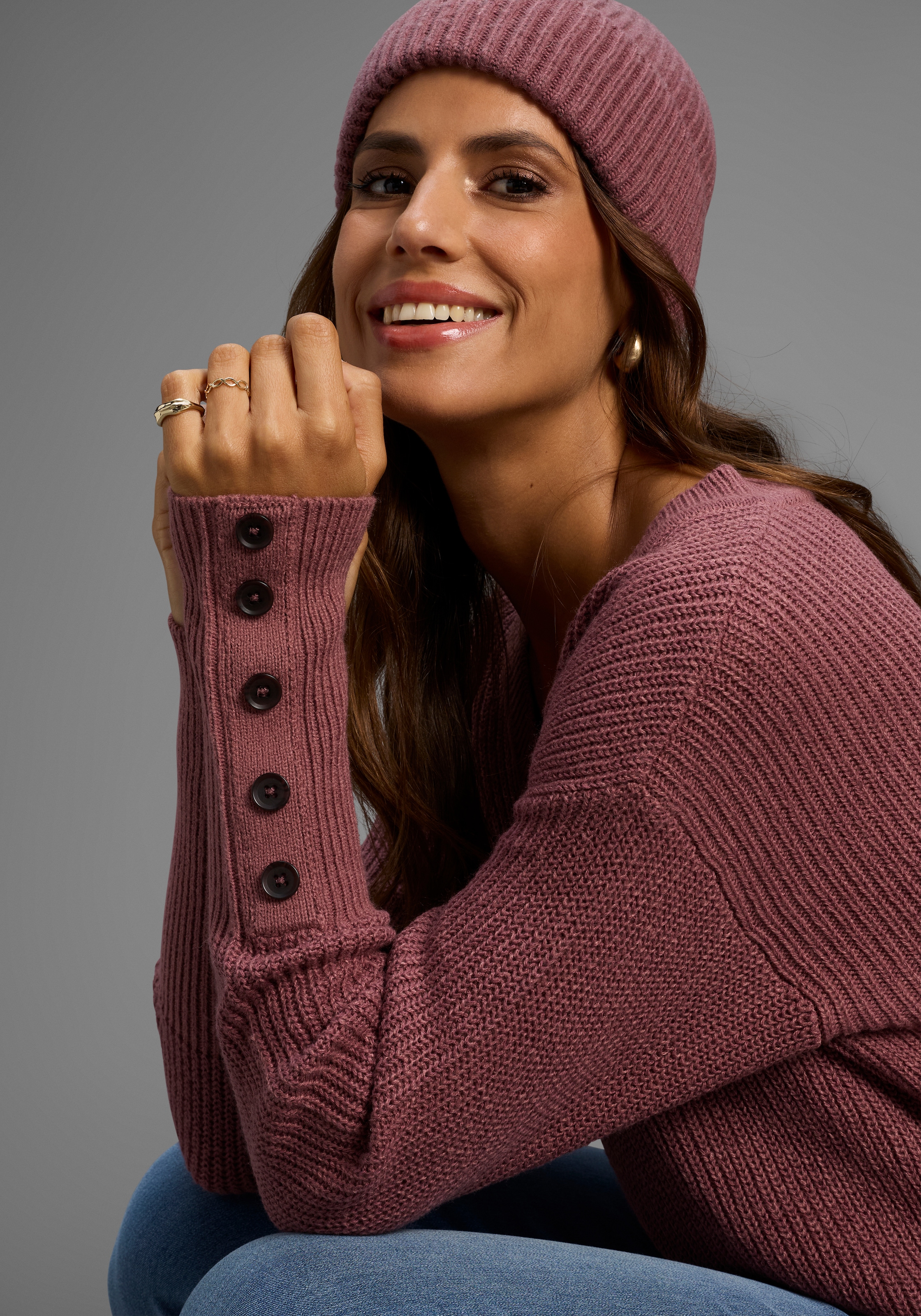 Laura Scott Pull col V Übergangspullover aus Baumwolle mit Knopfleiste - NEUE KOLLEKTION