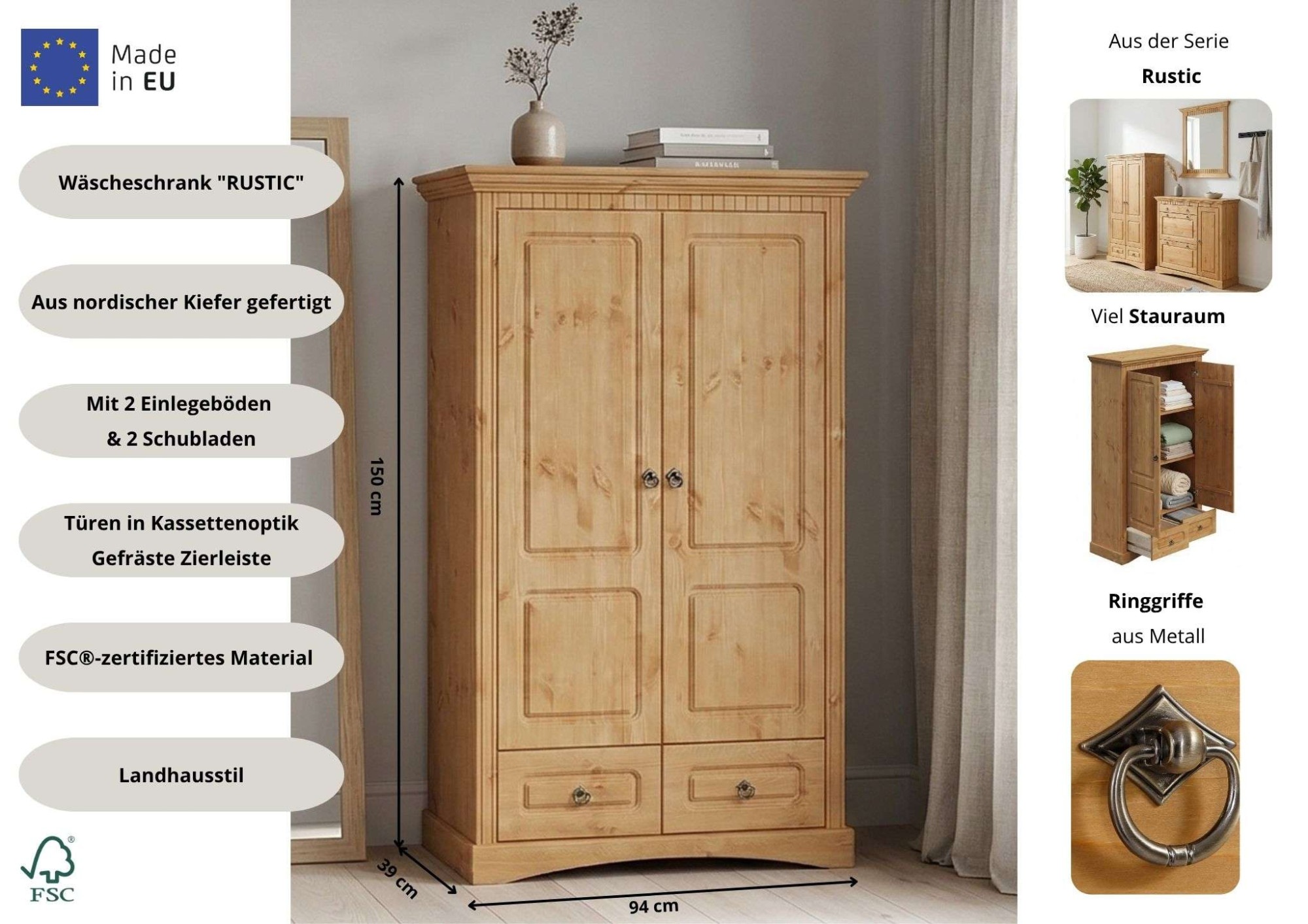 GOODproduct Armoire à linge »Rustic« B/T/H: 94/39/150 cm,  aus massiver Kiefer, FSC®, schöne Kassettenoptik, mit Ringgriffen