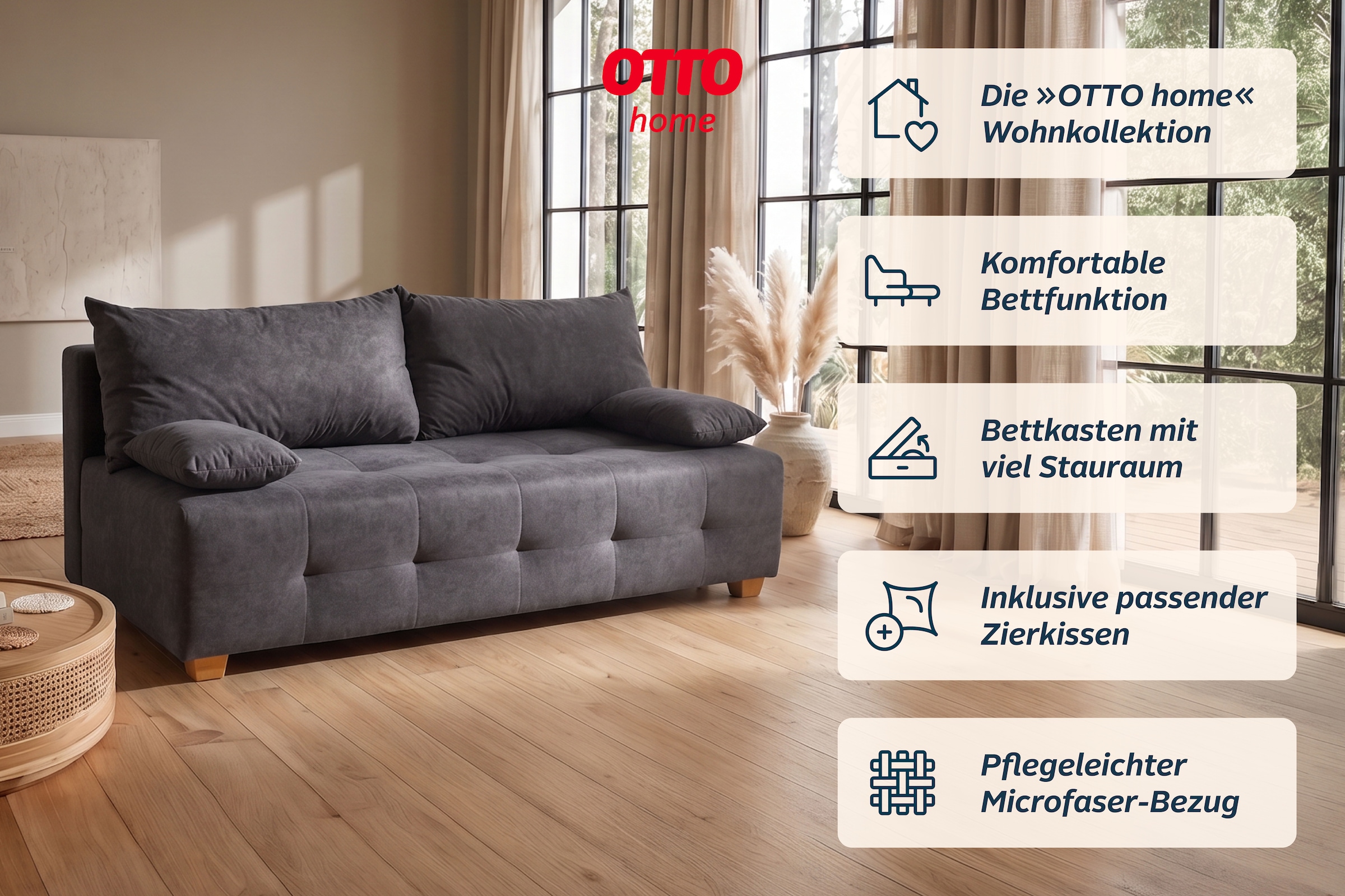 COLLECTION AB Schlafsofa »Bella, B: 196 cm, Liegefl. 145x196 cm« Schlaffunktion, Bettkasten & 2 Armlehnenkissen, Federkern