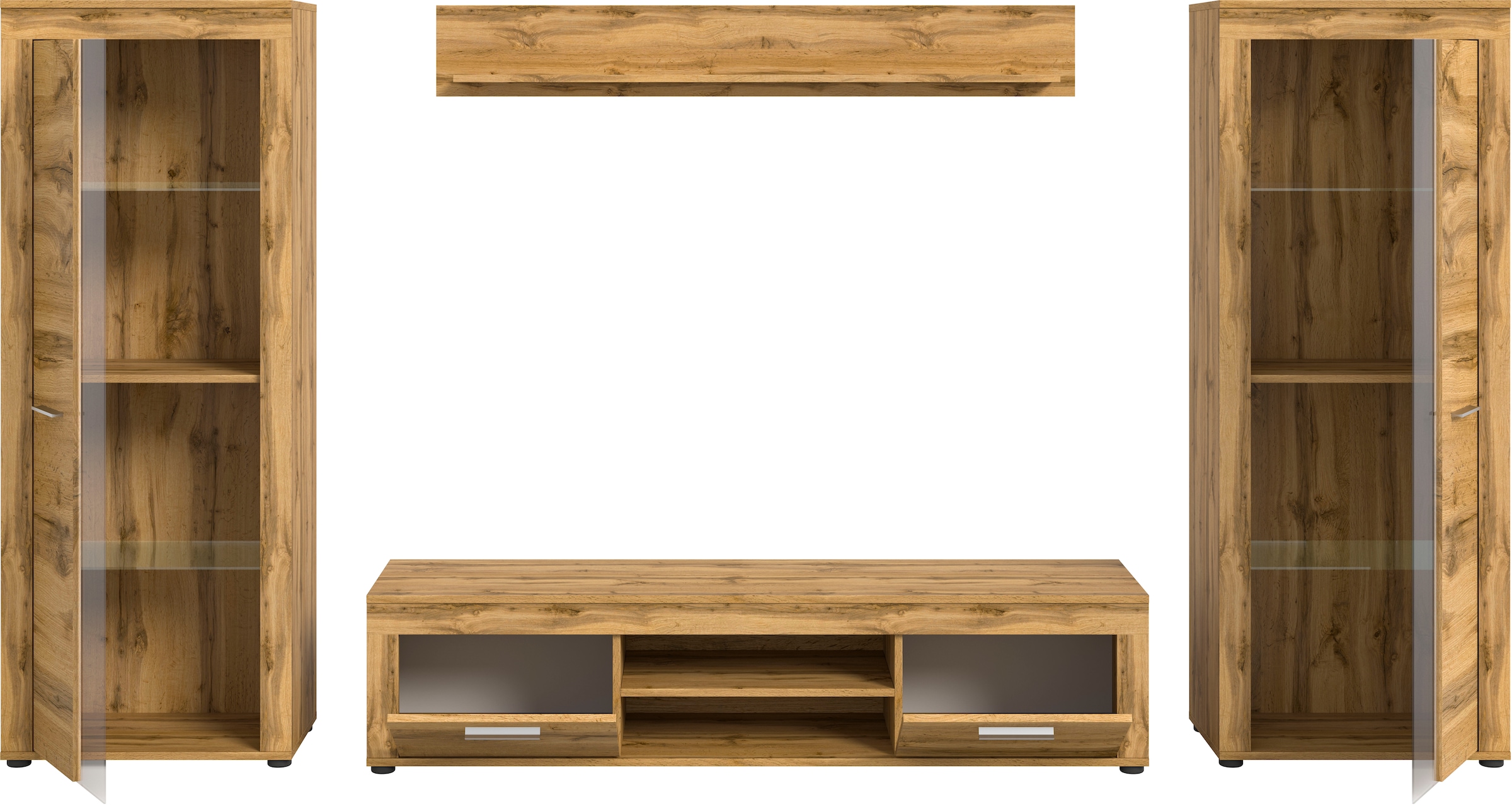Home affaire Meuble mural »AOSTA, Breite 310cm, 4-teilige Wohn-Kombination« bestehend aus: 2x Vitrine, Lowboard, Wandboard, 