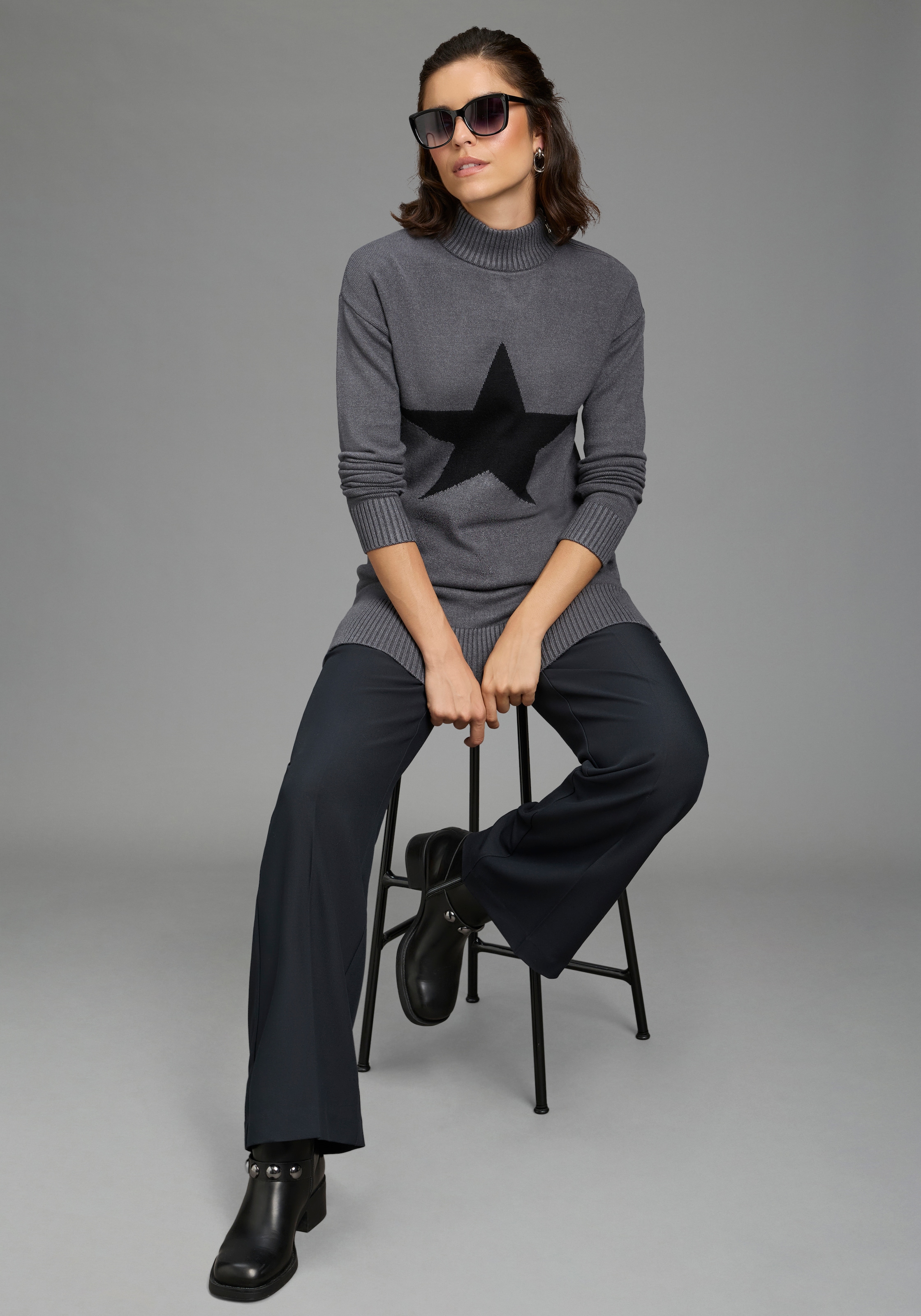 Laura Scott Pull en tricot »mit Stehkragen und Reissverschluss, lässig geschnitten« avec motif étoile