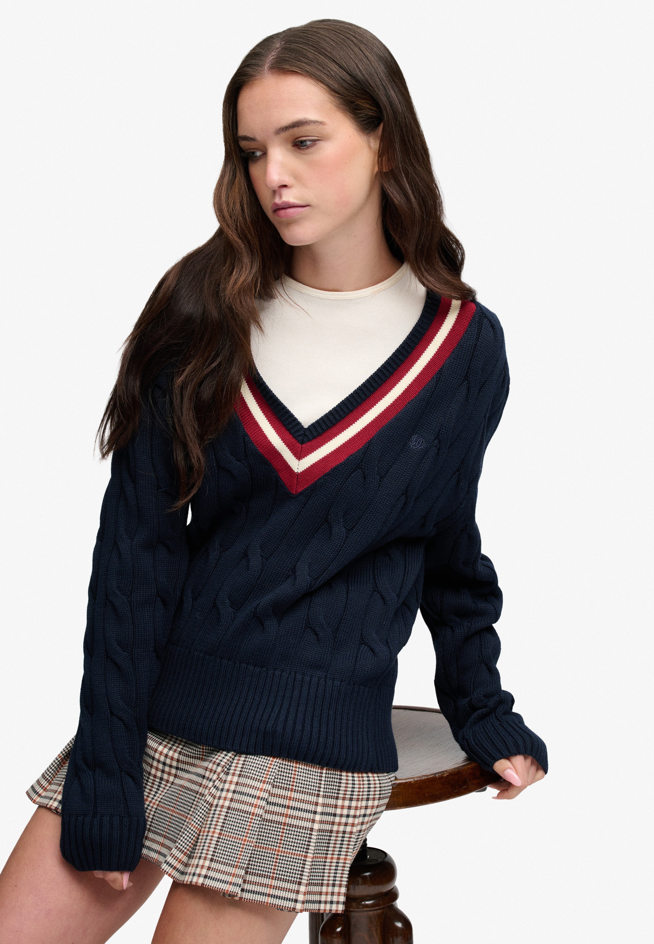 Superdry V-Ausschnitt-Pullover »CLASSIC CABLE CRICKET KNIT« Baumwolle, loose fit