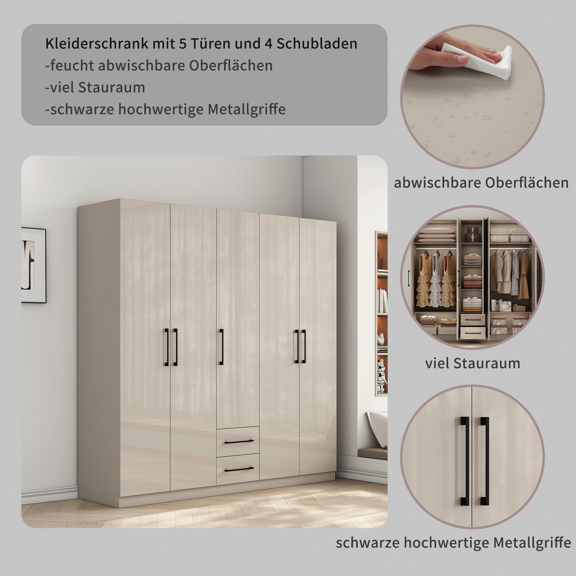 GOODproduct Armoires à vêtements »Sylt Schlafzimmerschrank Garderobe Schrank  in hochglanz weiss« 5 portes, 2 tiroirs, poignées noires modernes, 7 étagères,  Armoire à portes tournantes avec aménagement intérieur parfait, largeur 200cm