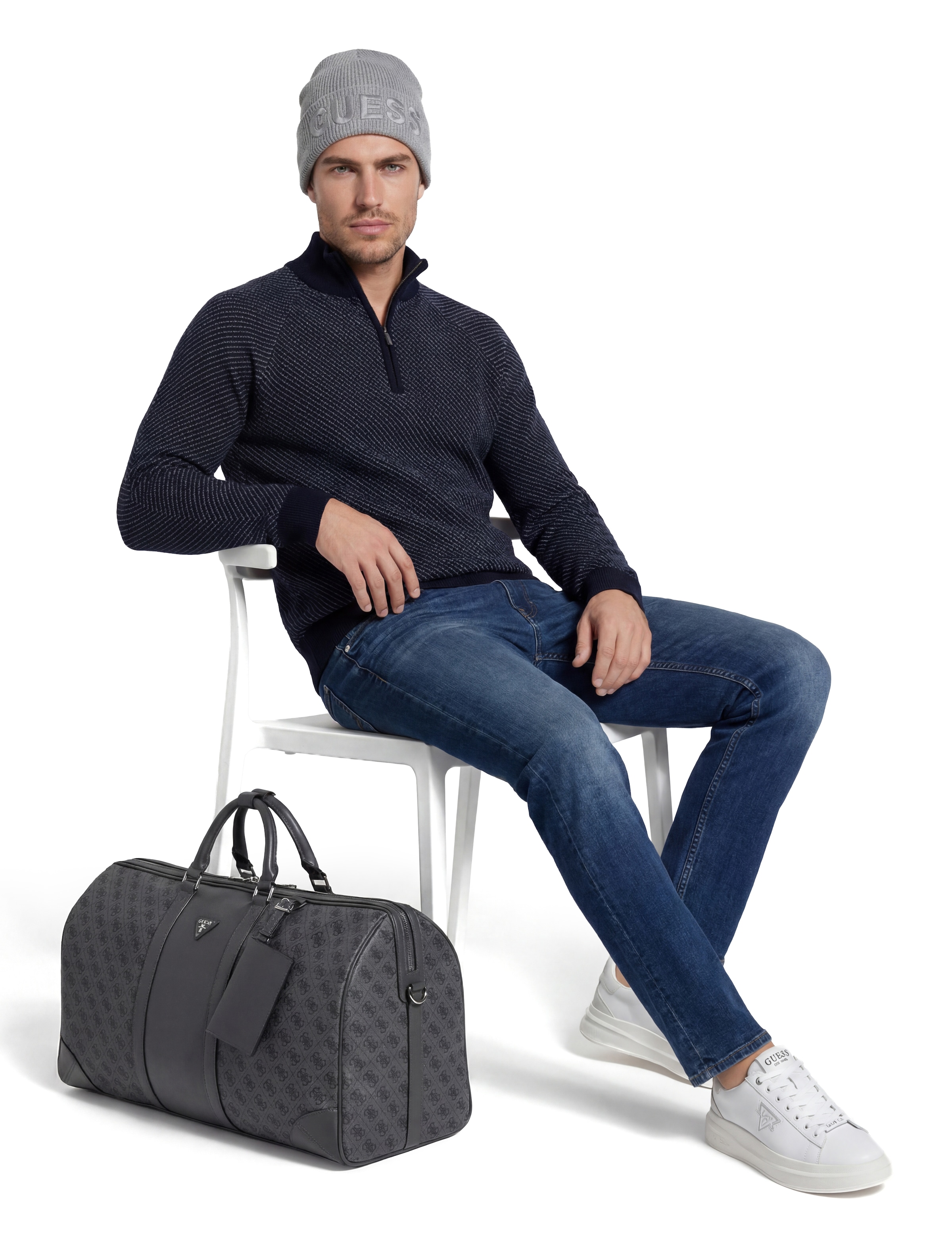 Guess Pull jacquard »NICO DIAGONAL STITCH« mit Wolle, Stehkragen mit Reissverschluss, Jaquard-Strick