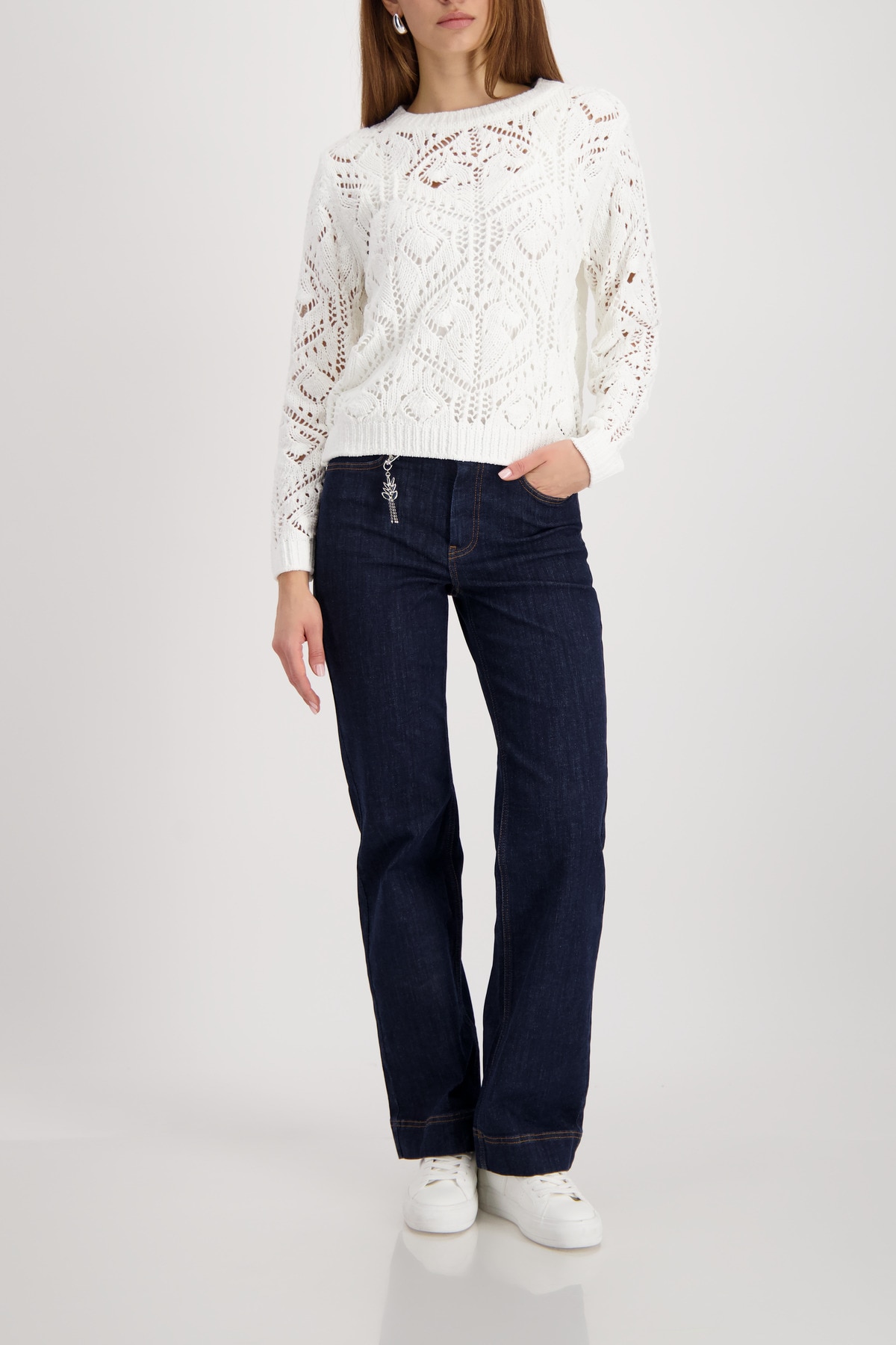 Monari Pull en tricot »Ajour« Rundhalsausschnitt, Chenillegarn, Leicht überschnittene Schultern