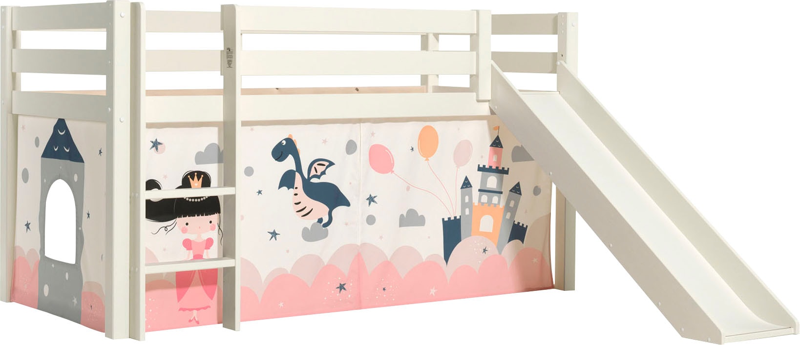 Vipack Lit de jeu »Pino, Kiefer massiv, mit Rolllattenrost u. Textil-Set, Made in Europe« L/H/P env. 210x114x218 cm, avec protection anti-chute, échelle et toboggan,  Différents designs textiles et couleurs de bois au choix