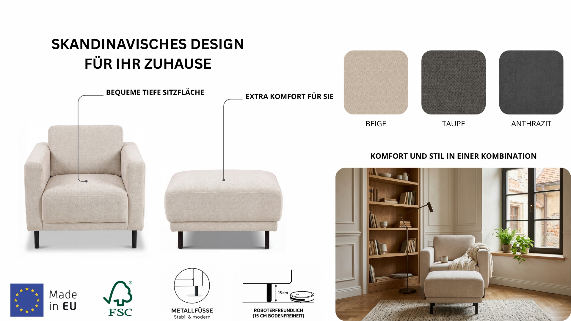 GOODproduct Sessel »Sveeva, Breite 78 cm, schwarze Metallfüsse« langlebiger Strukturstoff, viele Farben zur Auswahl