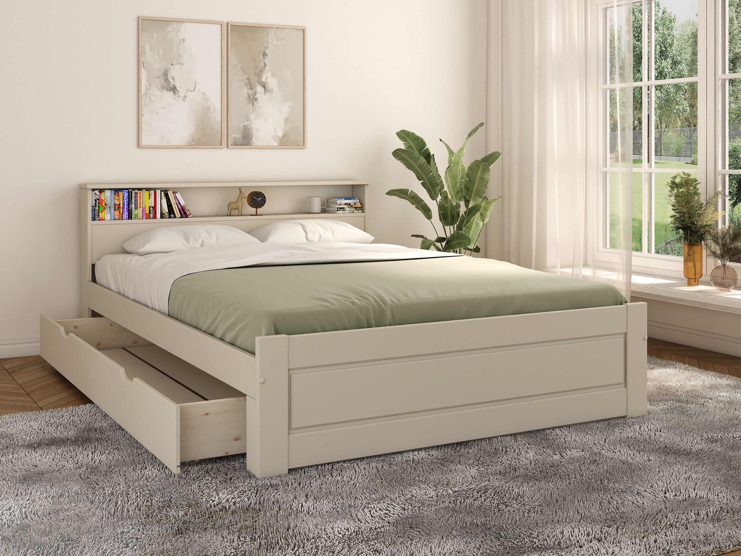GOODproduct Lit en bois massif »FLAVION,  Jugendbett, Stauraum, FSC® zertifizierte Kiefer« Largeur : 90, 140, 180,  Produit de qualité, étagère, aspect cassette, tiroir en option