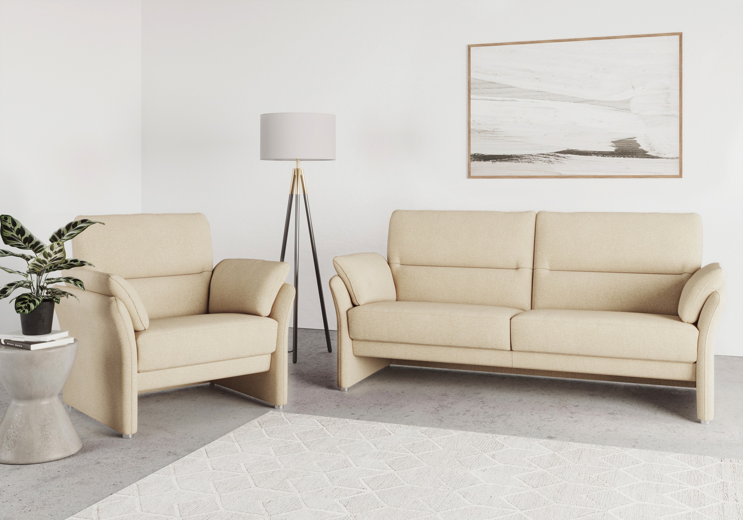 DOMO collection 2,5-Sitzer »Pina, schmale Armlehnen, mit Federkern, kompakt & elegant« Hoher Sitzkomfort, Feinstruktur, beige, Breite 199 cm