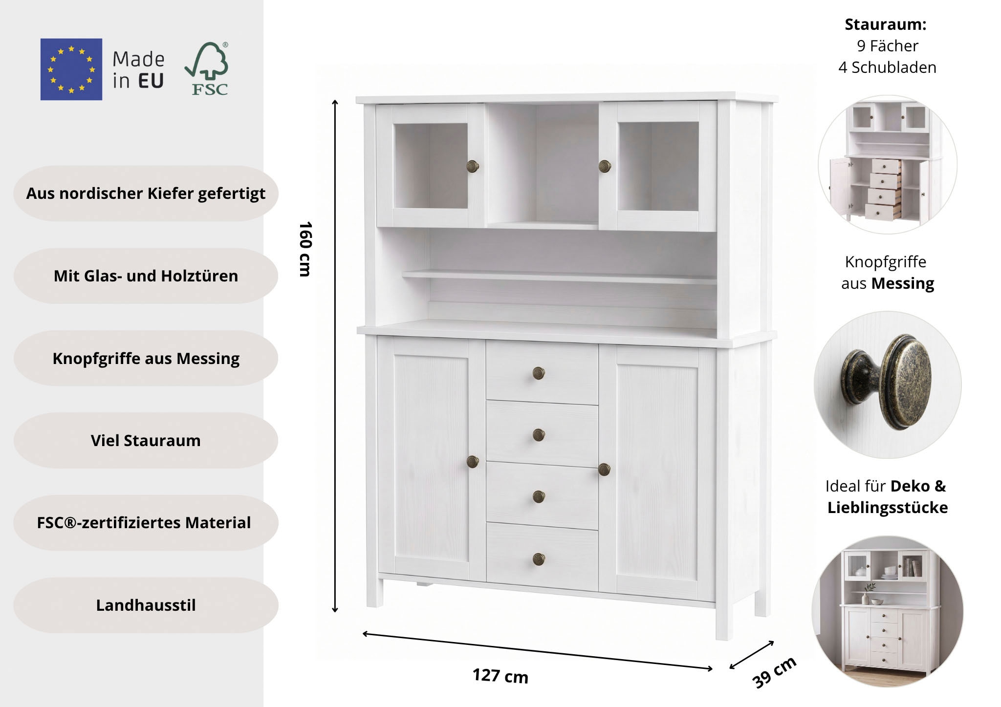 GOODproduct Buffet »Mikkeli Küchenbuffet mit 2 Glastüren, Metallgriffe« aus massiver FSC®-zertifizierter Kiefer, moderner Landhausstil