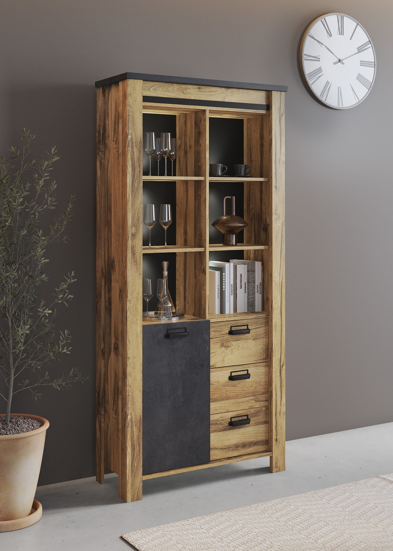 Home affaire Meuble mural »York, moderne Anbauwand, Wohnzimmer-Set in Hunton Oak, 201 cm breit« Komplett-Set, 3 cuis tlg.