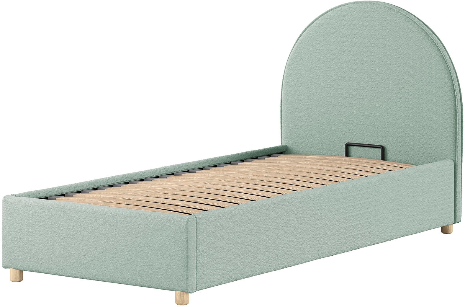 Vipack Lit de boxe »Moon, mit Lattenrost und Stauraum, modernes Design« Tête de lit arrondie, disponible en 2 largeurs,  incl. pieds en bois massif naturel, 3 couleurs de tissu au choix
