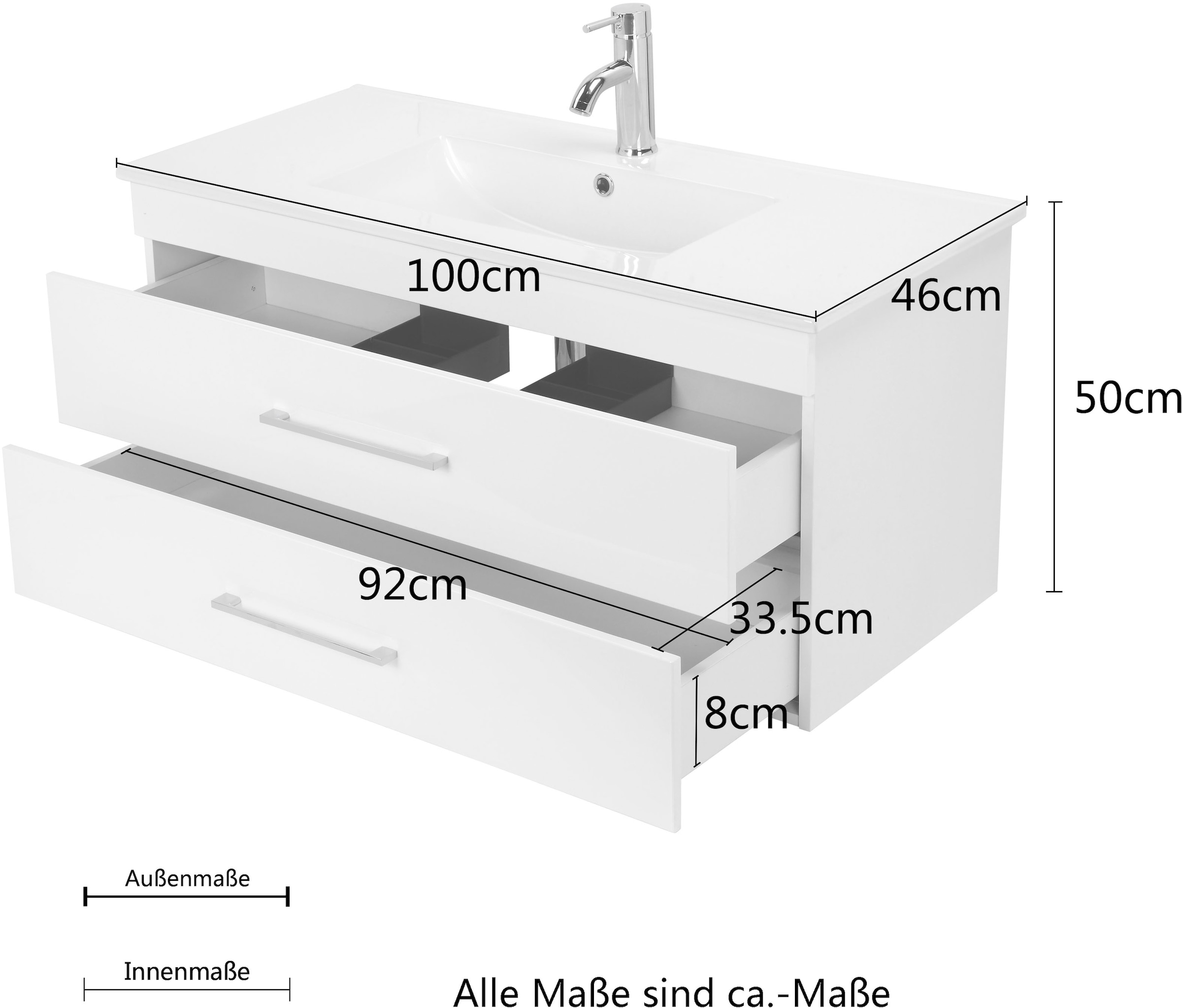 welltime Waschtisch »Florenz« Komplett-Set,  Waschplatz mit 2 Auszügen und Softclose Breite 100cm