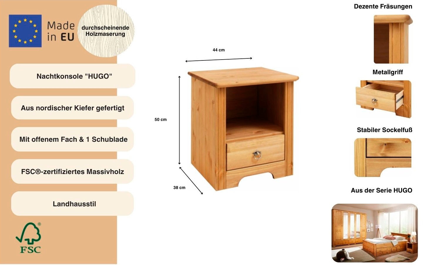 GOODproduct Console de nuit »Hugo« Nachttisch mit 1 Schublade, aus massiver Kiefer