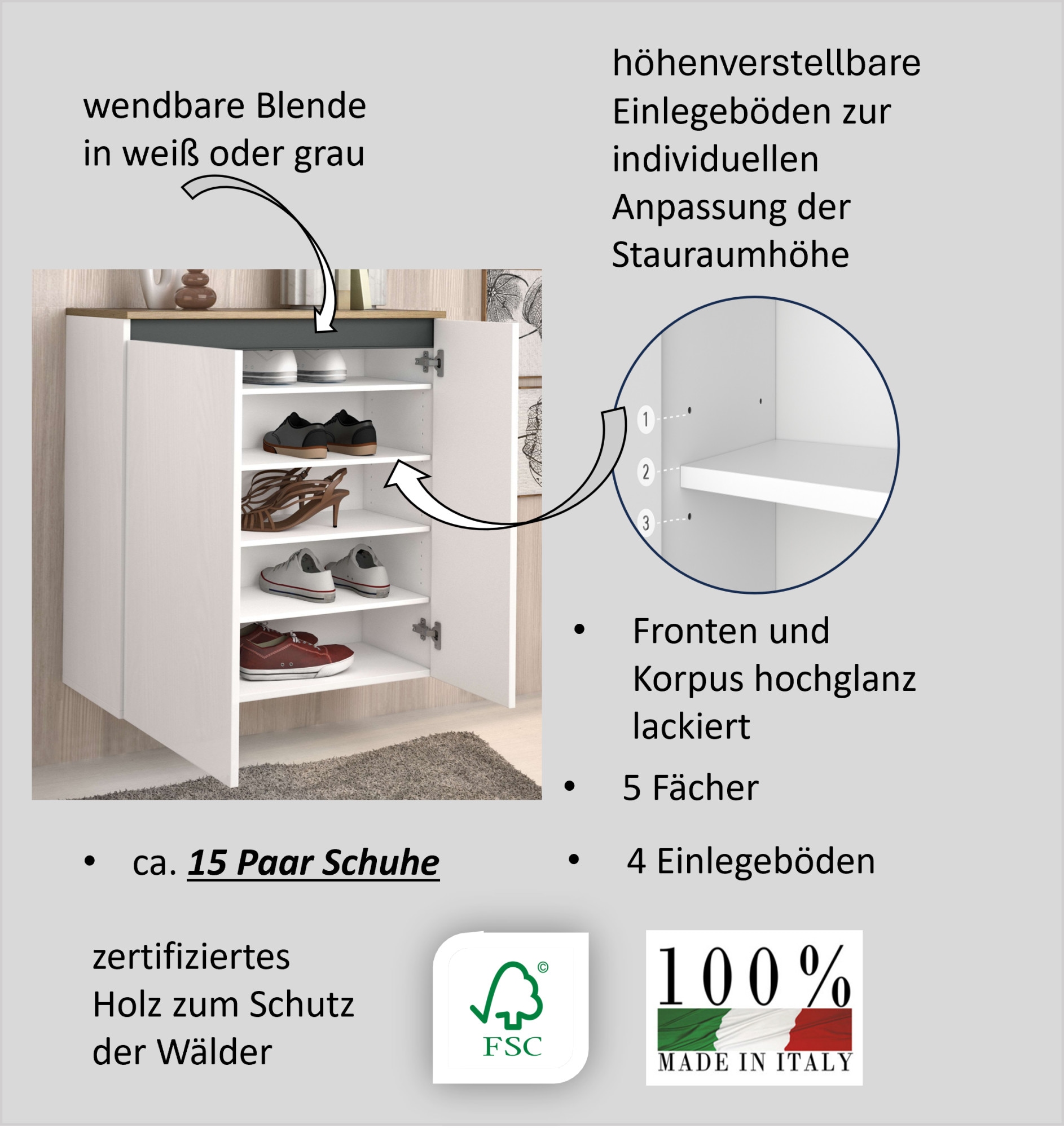 Home affaire Schuhschrank »Zippo, Schuhkommode,Schuhregal,Made in Italy,hängend« 1 Stk. tlg. Front/Korpus Hochglanz lackiert B/T: 80x35 cm,5 Fächer,15 paar Schuhe