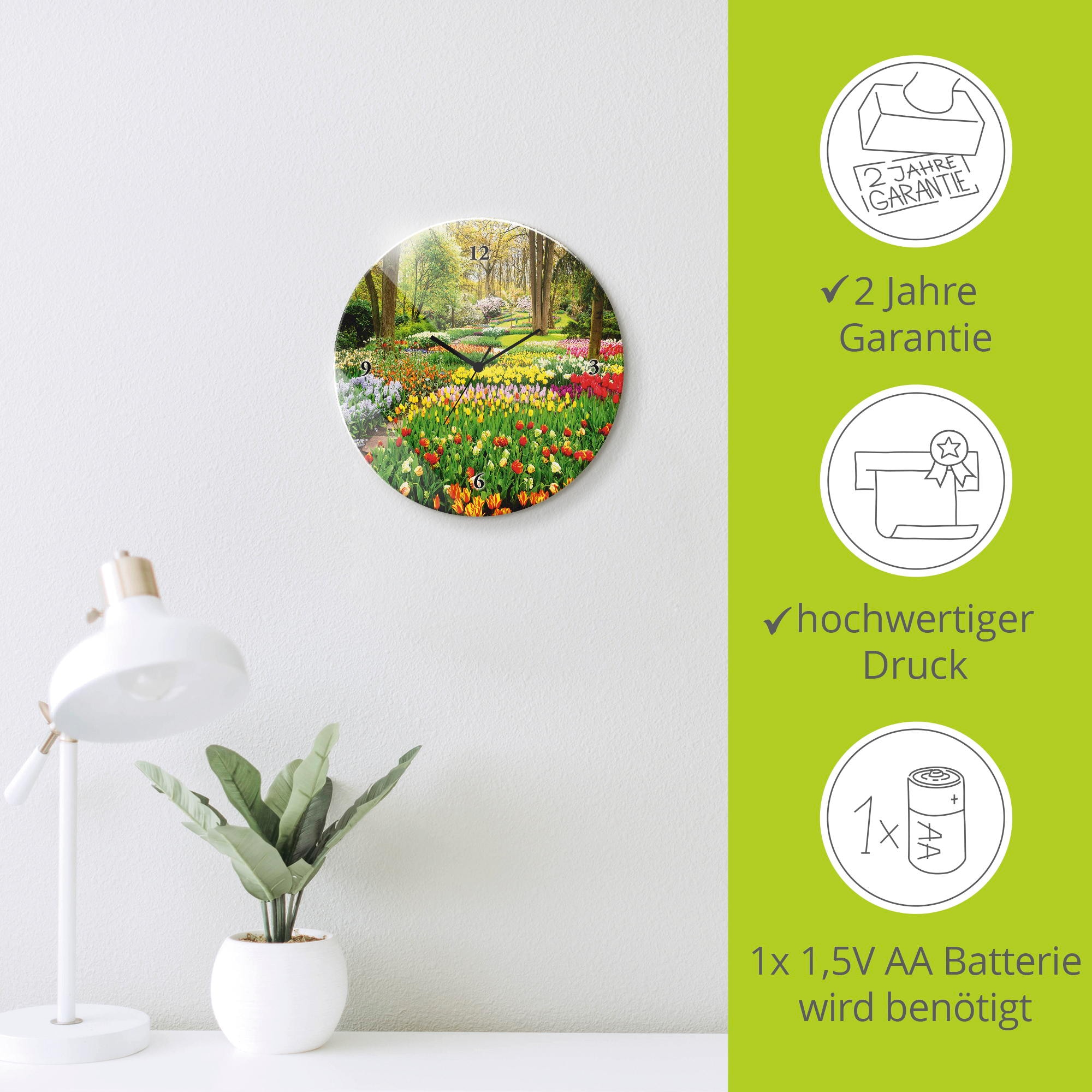 Artland Horloge murale »Glasuhr rund Tulpen Garten Frühling« wahlweise mit Quarz- oder Funkuhrwerk, lautlos ohne Tickgeräusche