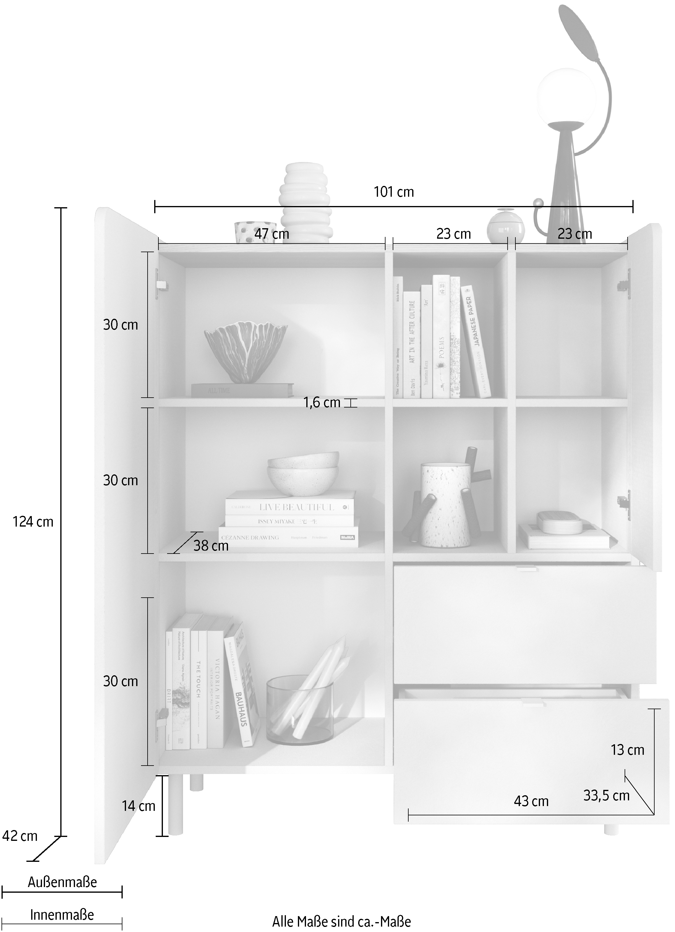 GOODproduct Buffet haut »Dobbiaco, B/H 101/124 cm, 2 Türen, 2 Schubkästen, Stauraumschrank« Top intégré, pieds en métal droits, porte avec arrondi